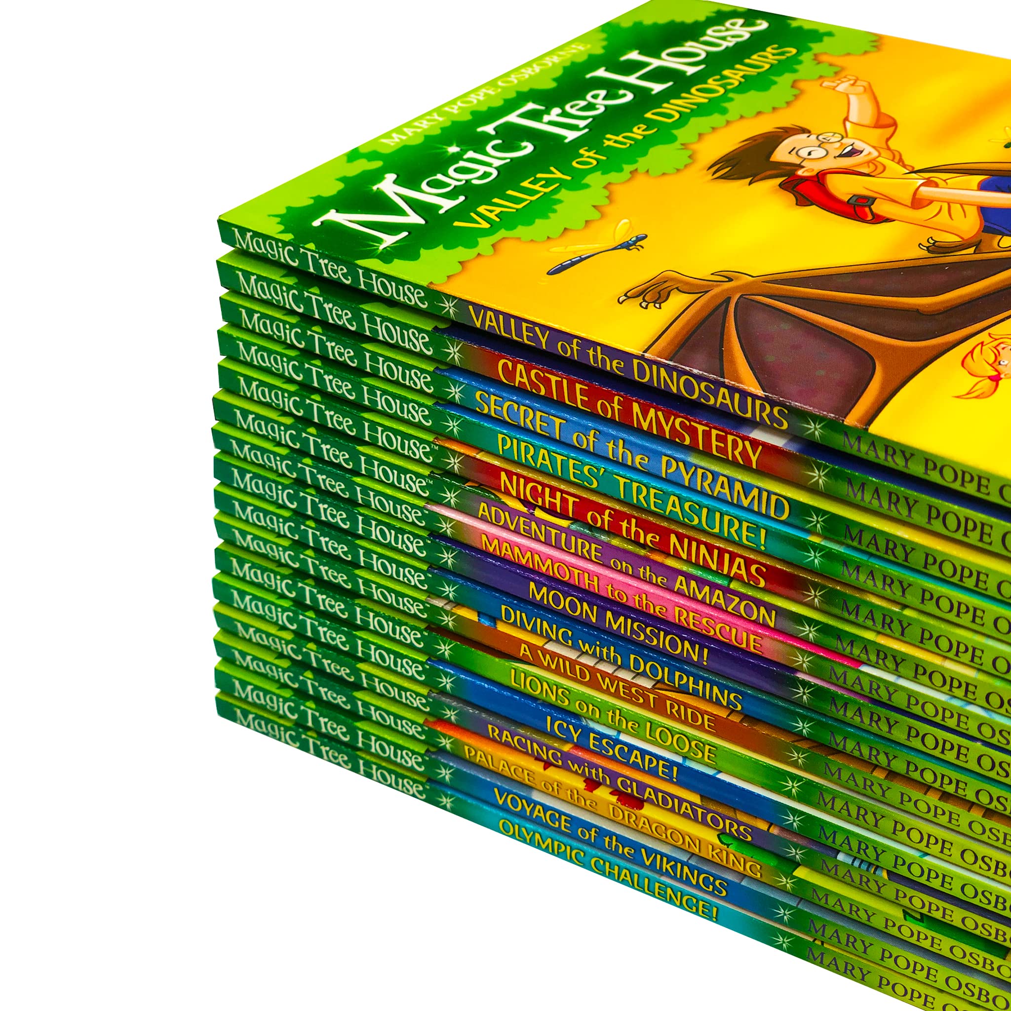 All 16 Magic Tree House paperback books by Mary Pope Osborne fanned out showing colorful spines and covers.