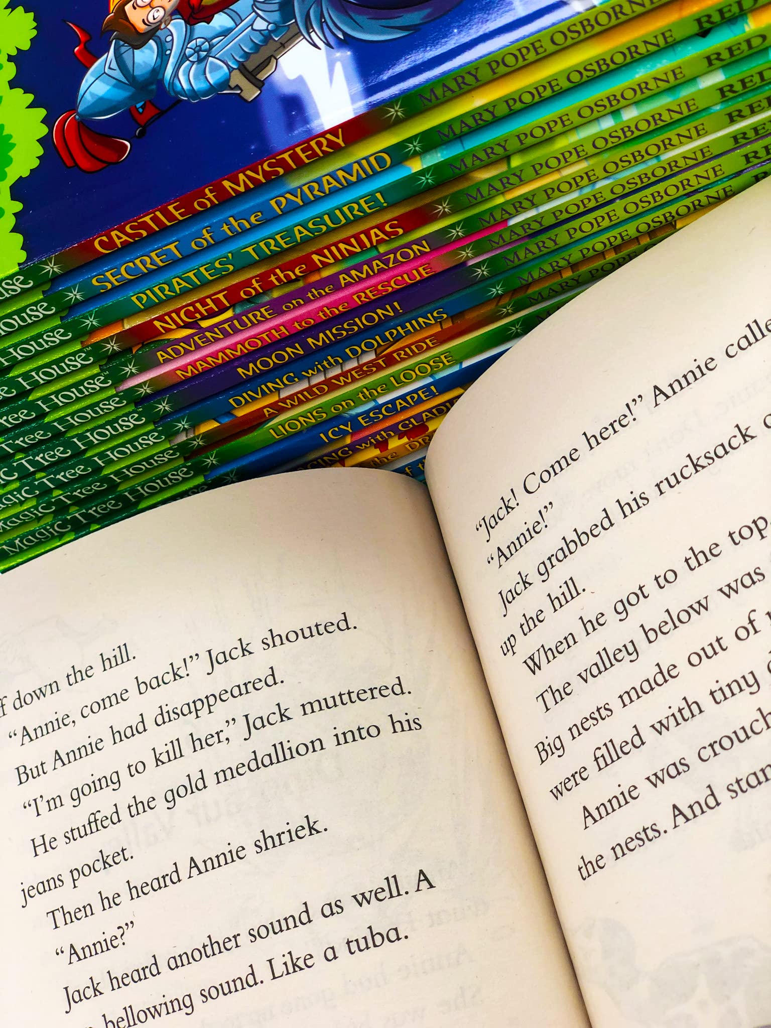 Close-up of the Magic Tree House paperback collection set by Mary Pope Osborne, published by Red Fox, for children ages 5-7.