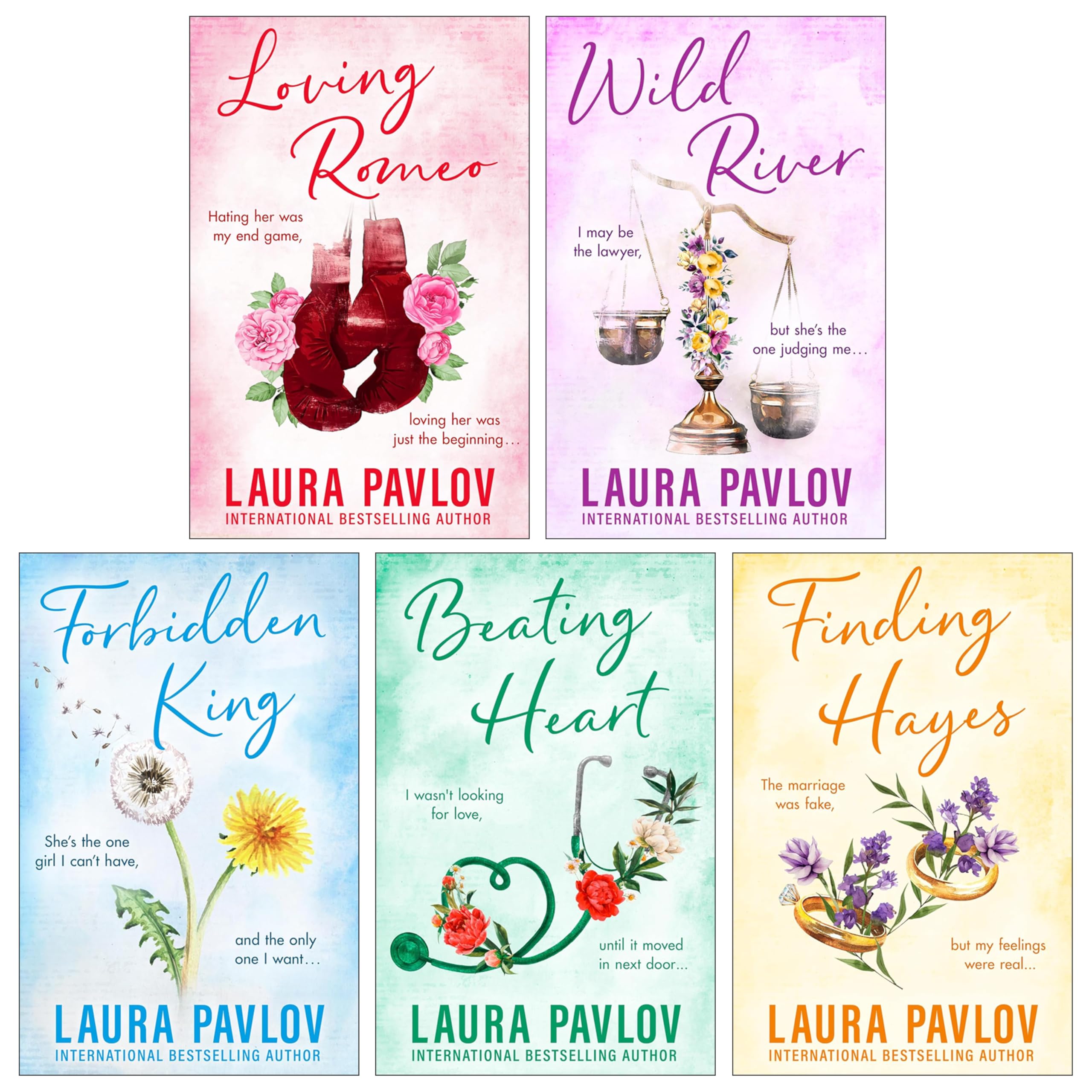 Magnolia Falls Series by Laura Pavlov 5 Book Paperback Collection Set front cover art featuring Loving Romeo, Wild River, Forbidden King, Beating Heart, and Finding Hayes