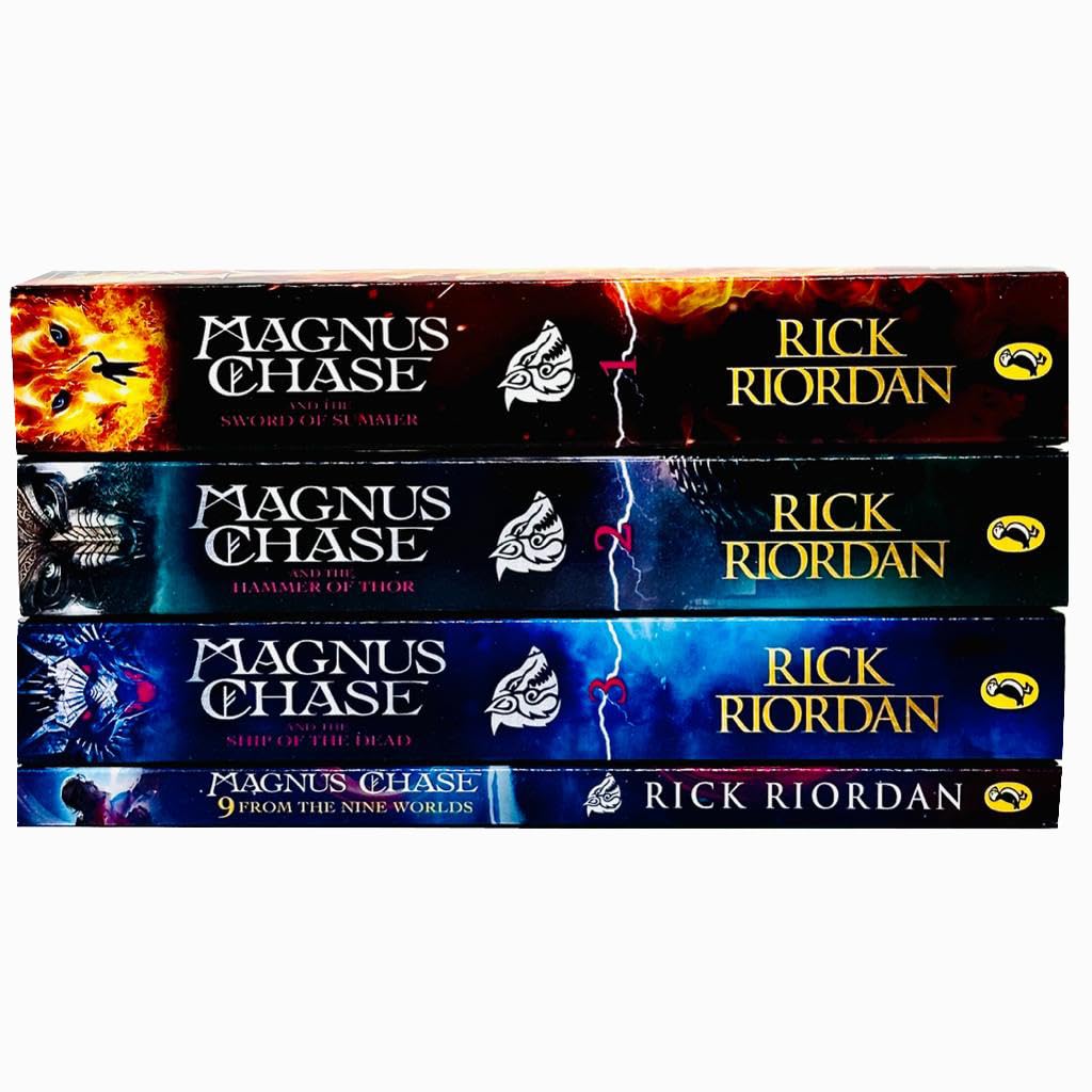 Magnus Chase 4-book paperback set covers fanned out, showing The Sword of Summer, The Hammer of Thor, The Ship of the Dead, and 9 From the Nine Worlds