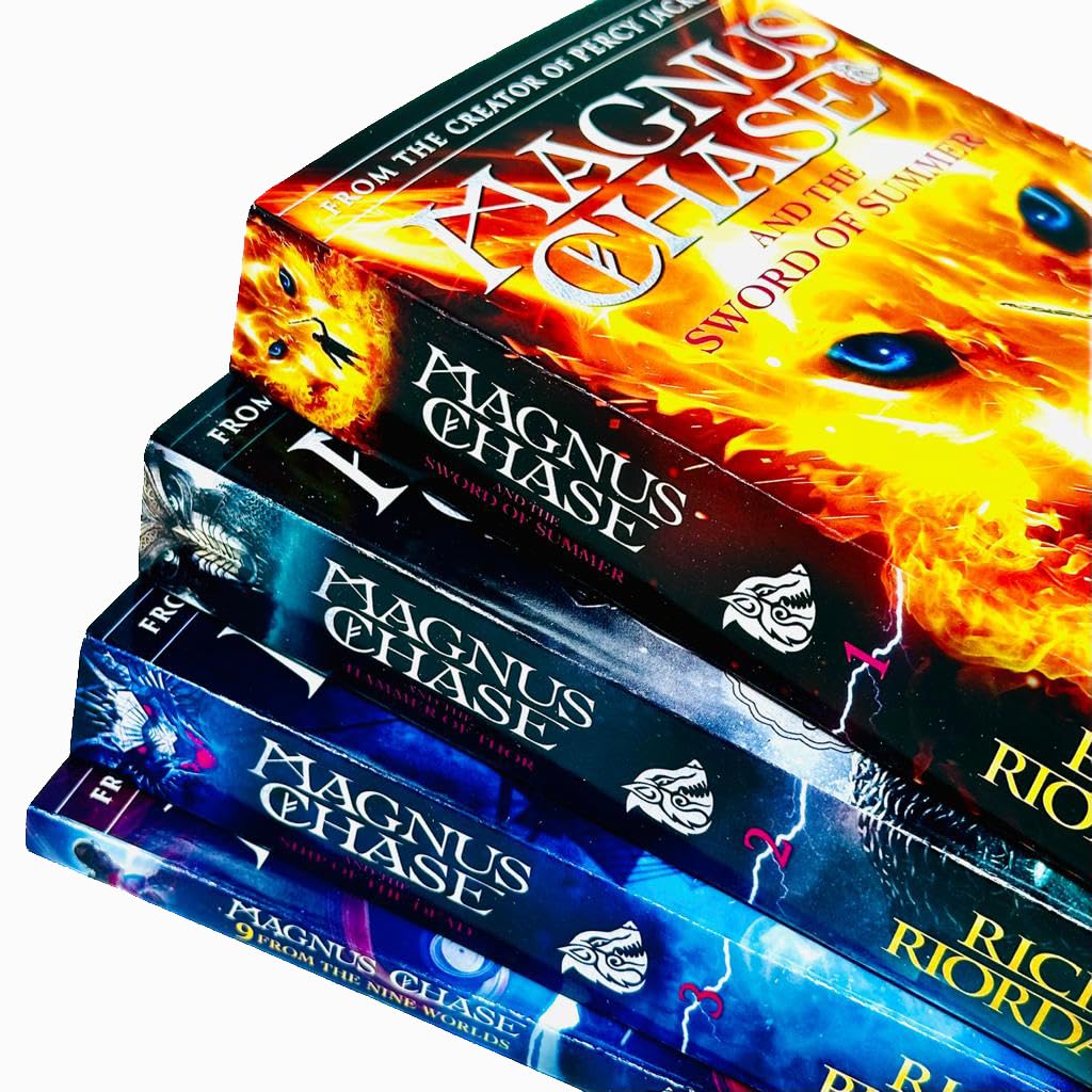Close-up of Magnus Chase and the Gods of Asgard paperback cover artwork, Rick Riordan young readers Norse mythology series