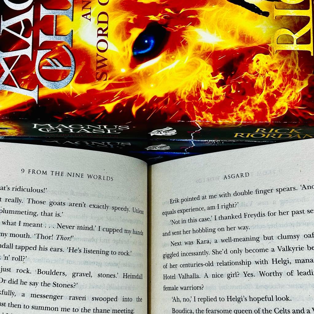 Full Magnus Chase 4-book paperback collection set by Rick Riordan stacked together, ages 9-12 Norse fantasy series