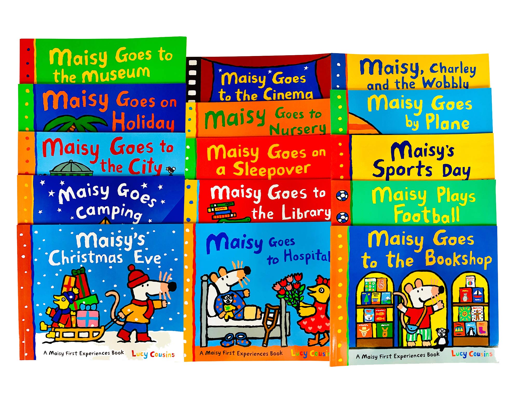 Full set of 15 Maisy First Experiences paperback books by Lucy Cousins fanned out, displaying bright illustrated covers for toddlers ages 0-5
