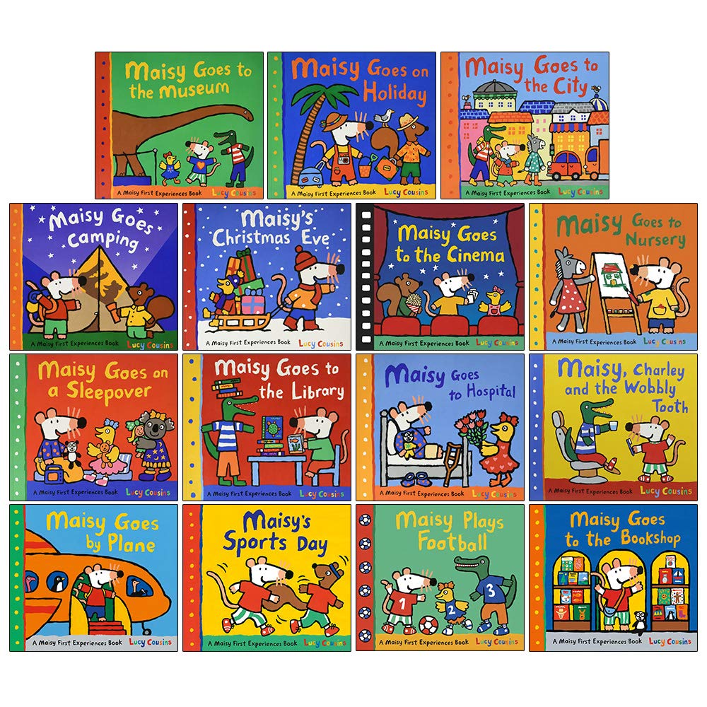Front covers of the Maisy First Experiences 15-book paperback set by Lucy Cousins for ages 0-5, showing colorful titles like Maisy Goes to the Museum and Maisy Goes to Nursery