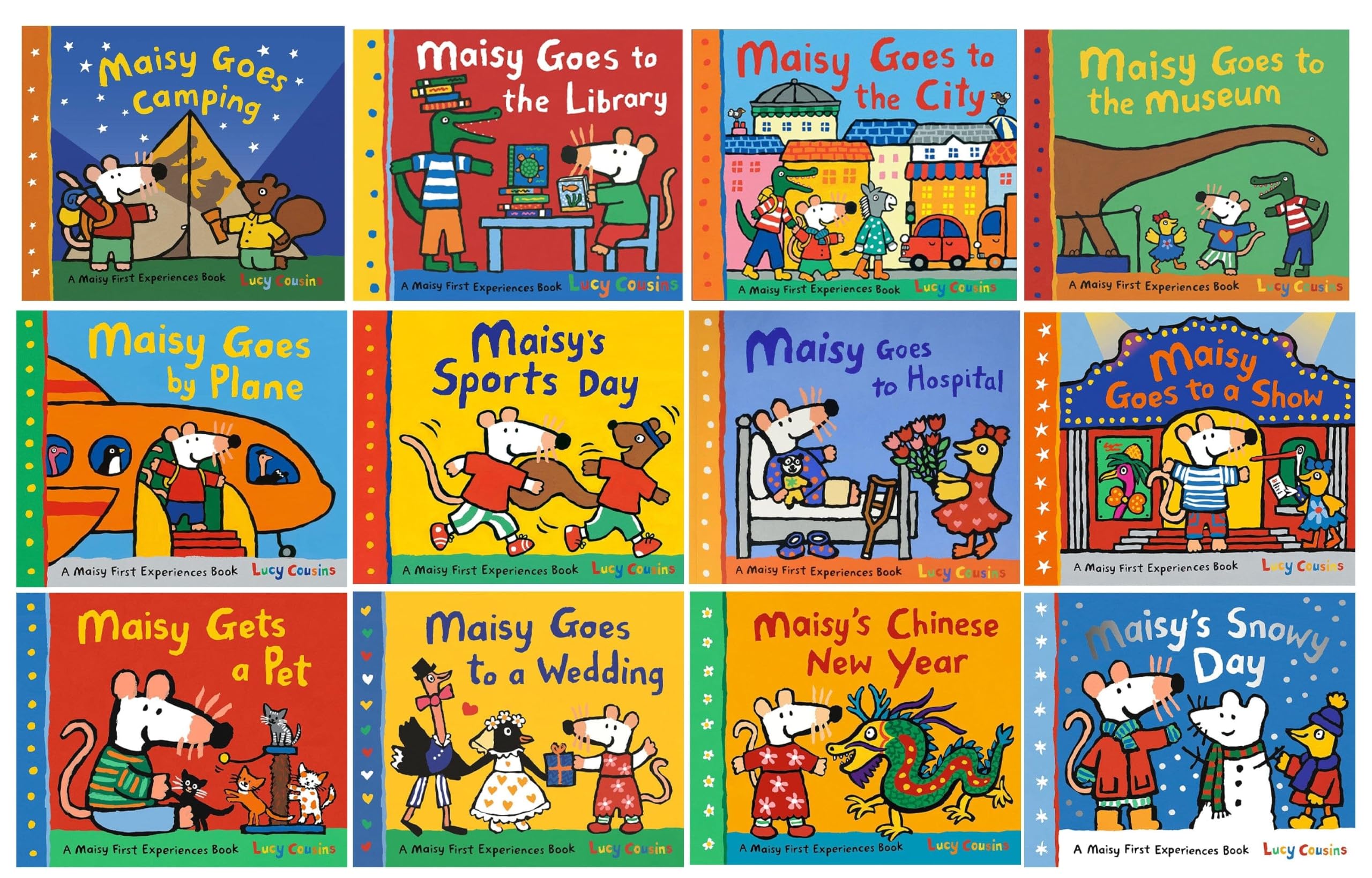 Maisy First Experiences 12 Books Collection Set 2 by Lucy Cousins paperback covers fanned out, ages 3-5