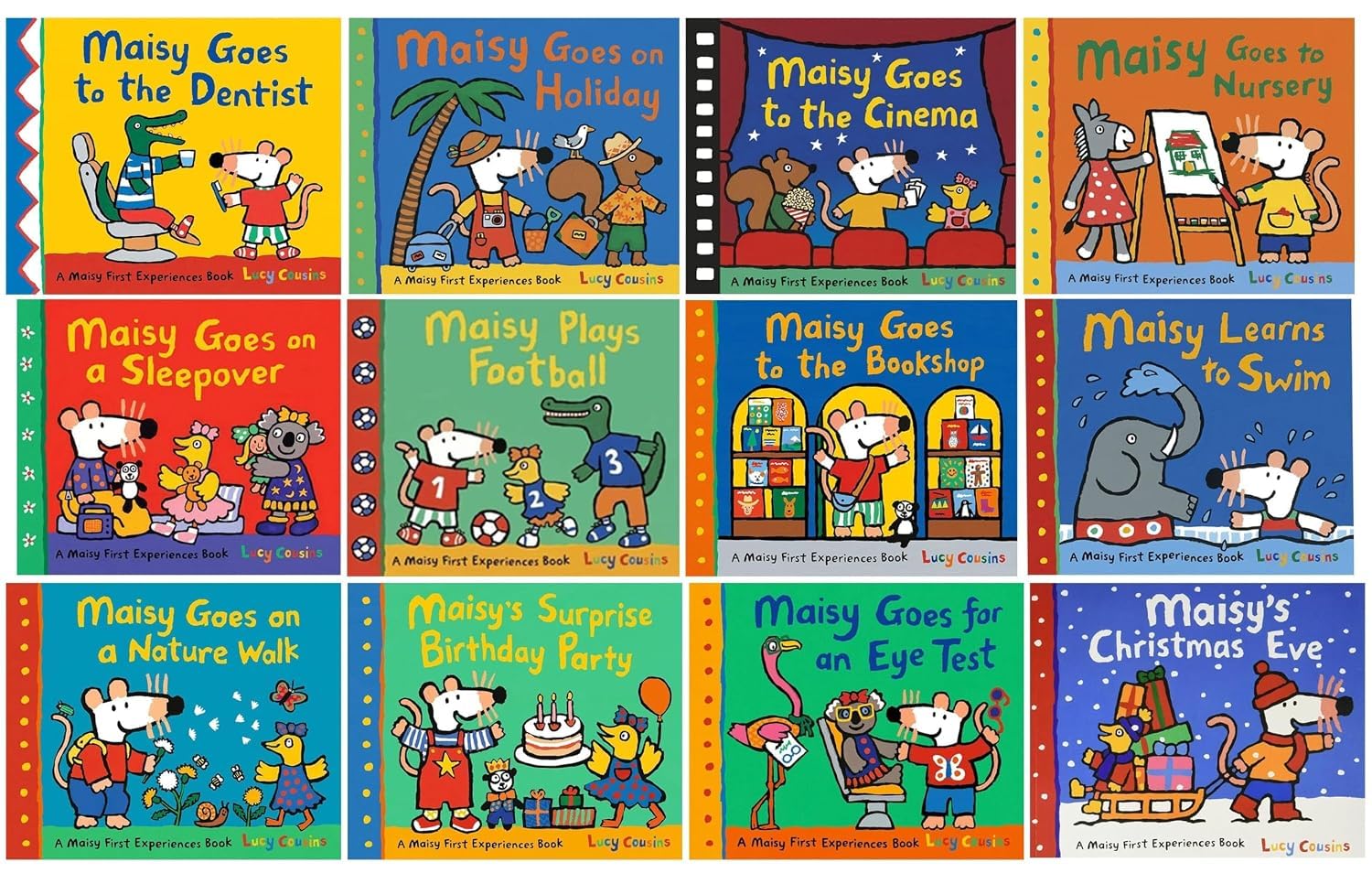 Maisy Mouse First Experiences 24 books fanned out showing individual titles including Maisy Goes to the Dentist and Maisy Goes to Nursery