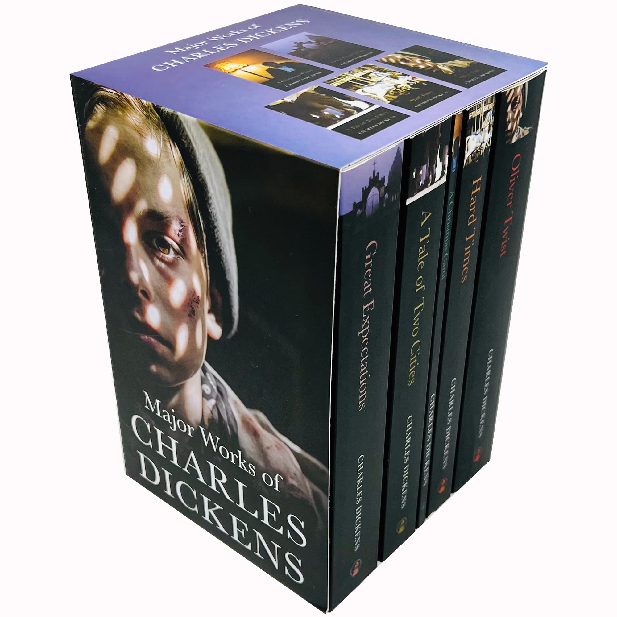 Charles Dickens 5-book paperback set back cover with book descriptions and box set details