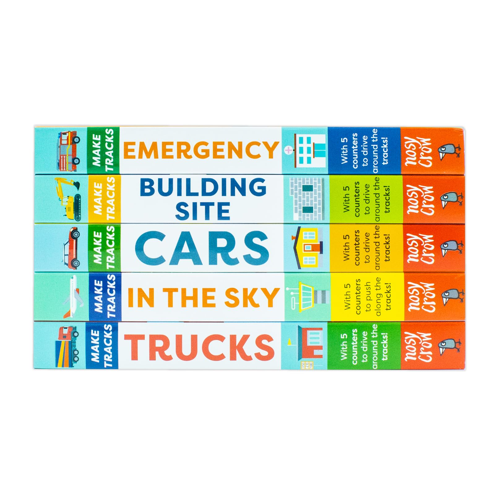 Make Tracks Cars and In The Sky board books open to show interactive sliding counter feature