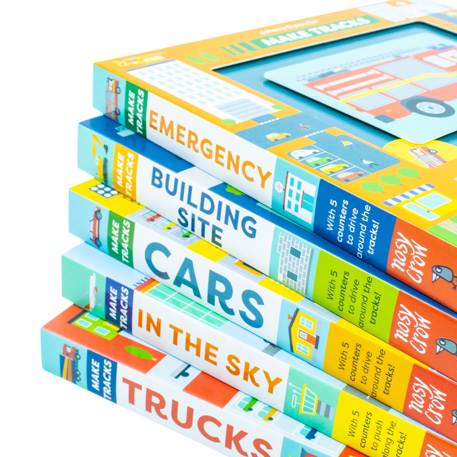 Make Tracks Trucks board book interior spread with sliding tab and vehicle vocabulary text