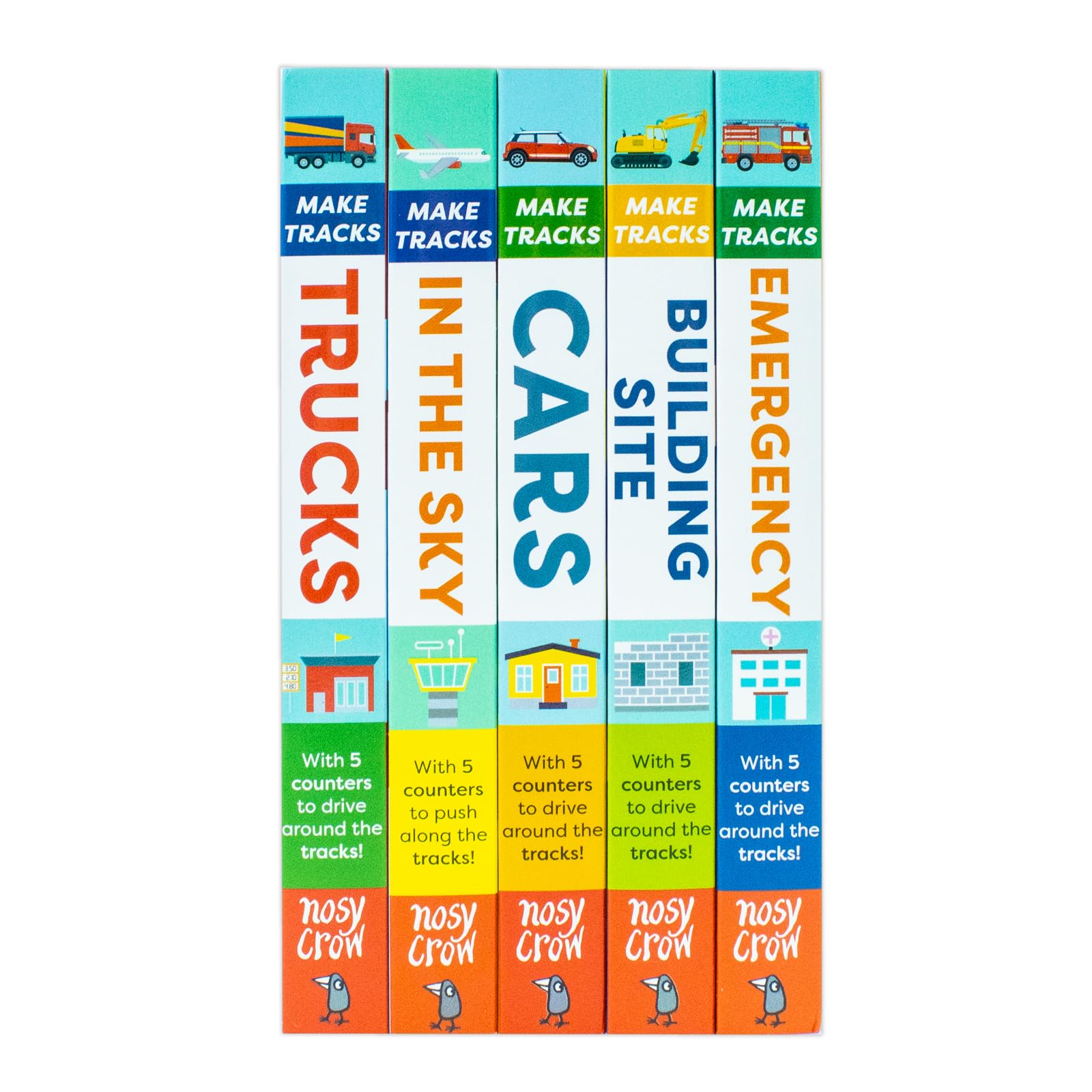 Make Tracks 5-book board book set stacked together showing spines, published by Nosy Crow for toddlers ages 2-5