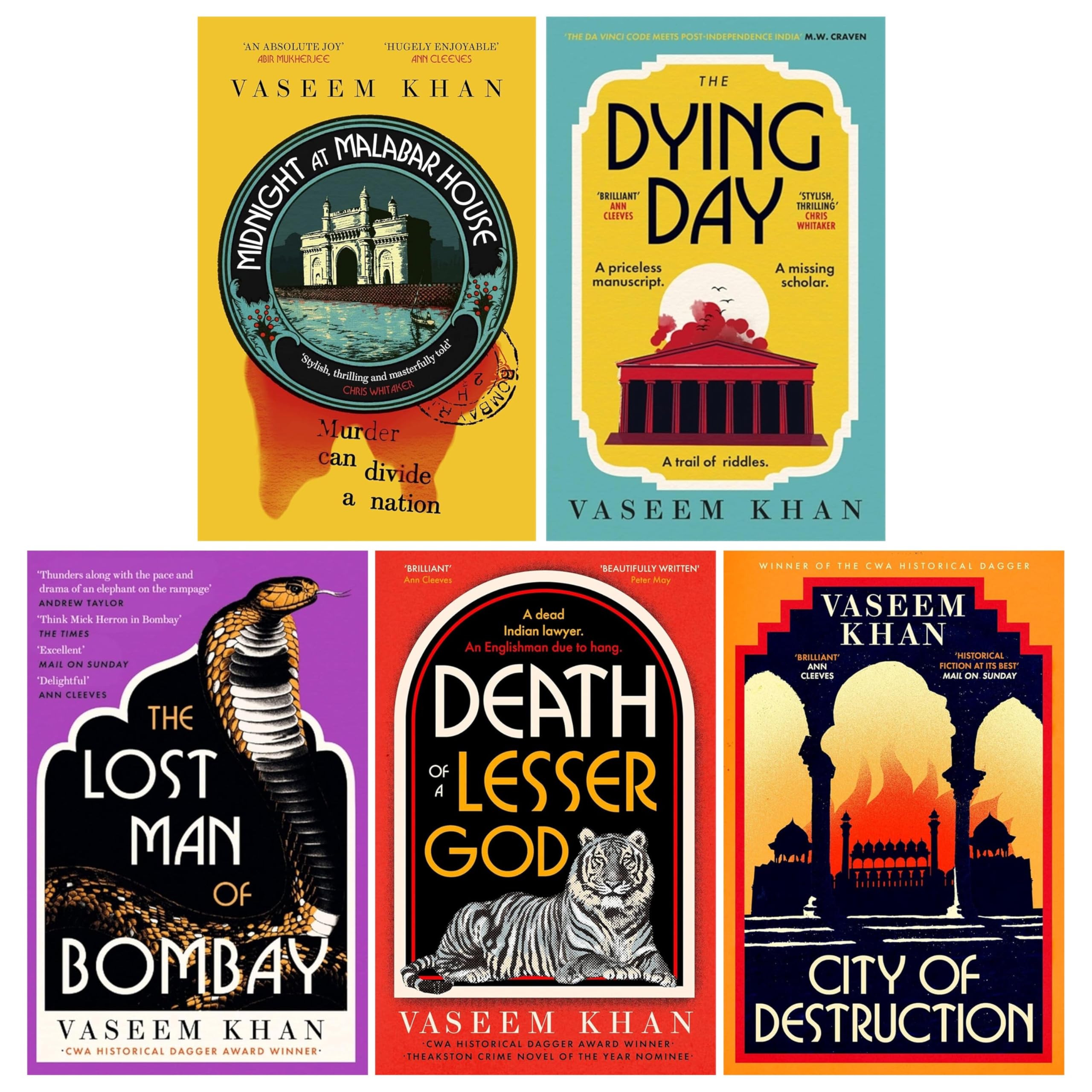 Malabar House Series by Vaseem Khan 5 book paperback collection set front covers, Persis Wadia mystery novels