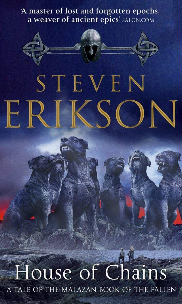 All five Malazan Book of the Fallen paperbacks fanned out showing full collection set spines