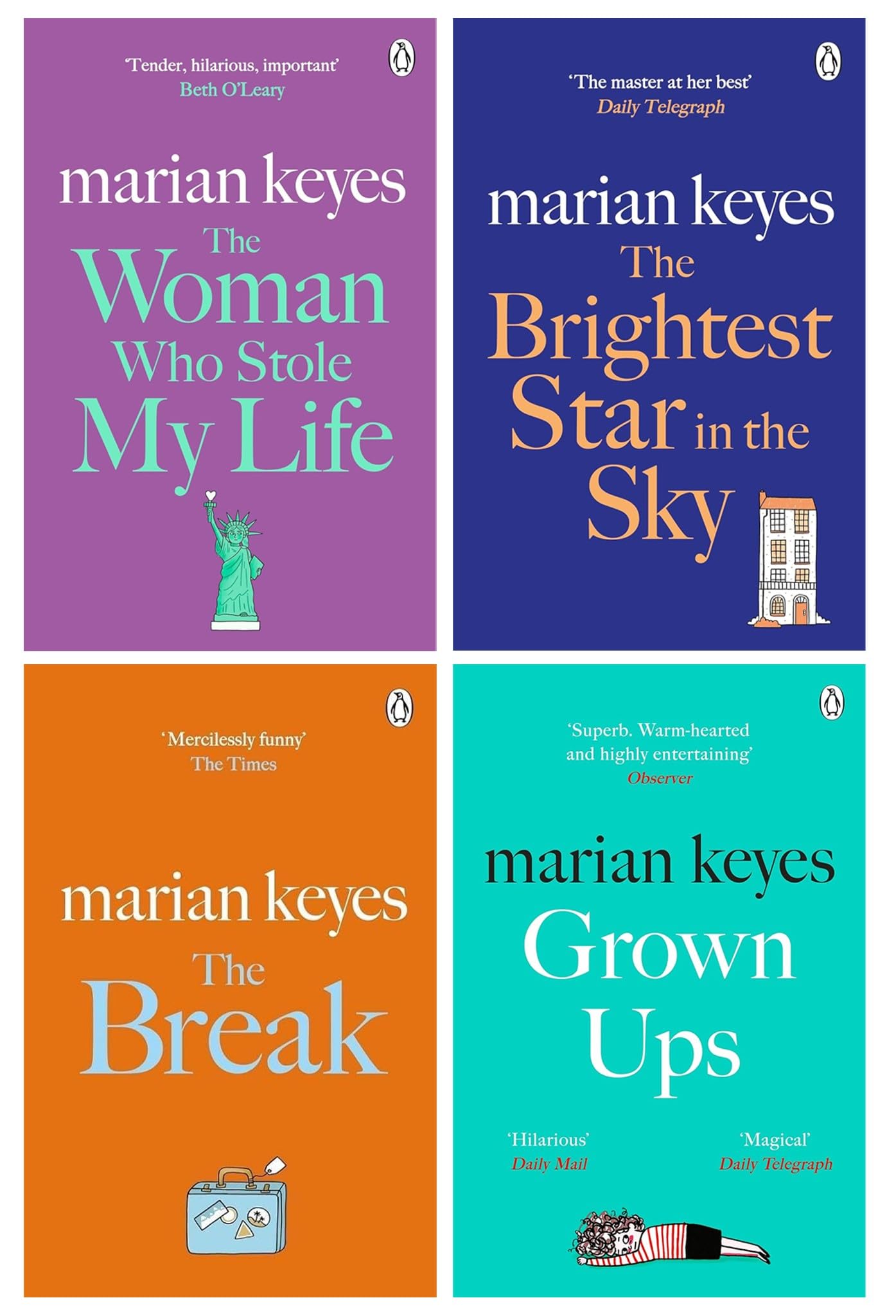 Marian Keyes Novels 4 Books Collection Set paperback front cover, featuring The Brightest Star in the Sky, The Woman Who Stole My Life, The Break, and Grown Ups