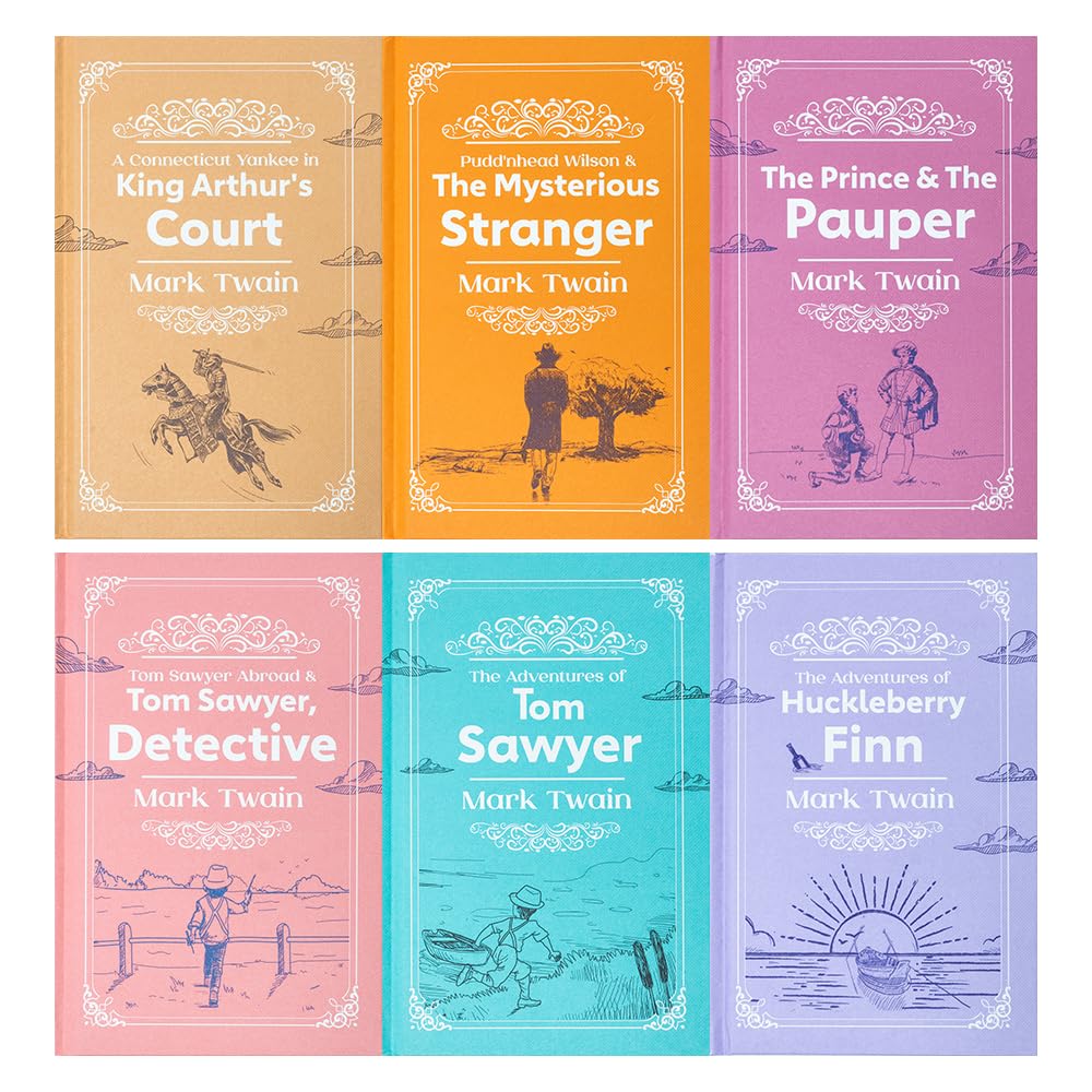 Close-up of the Mark Twain hardback collection spines, displaying all six classic fiction titles in the set