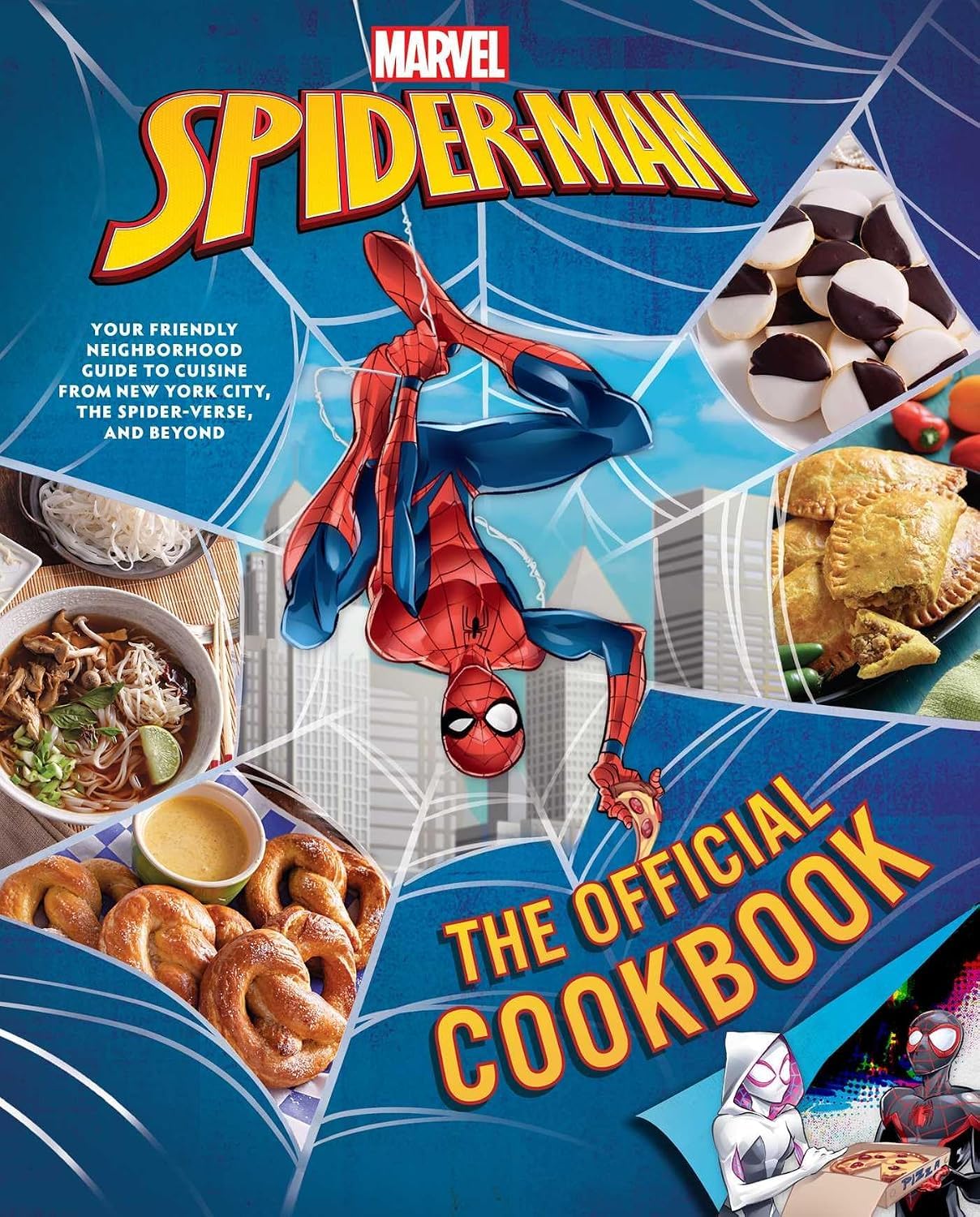 Close-up of the Marvel Spider-Man The Official Cookbook hardcover front cover with New York City recipe imagery
