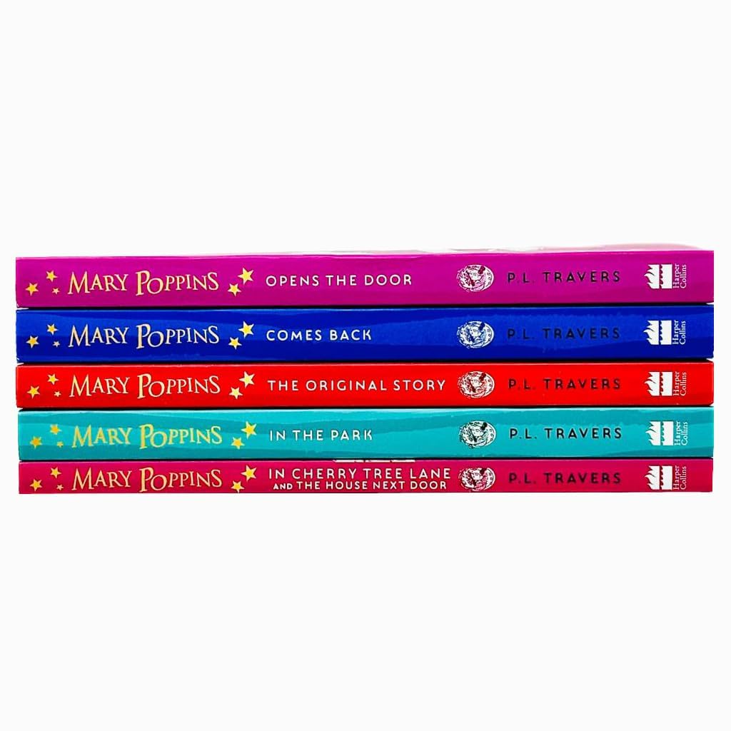 All five Mary Poppins paperback books by P. L. Travers fanned out showing individual titles in the collection set.
