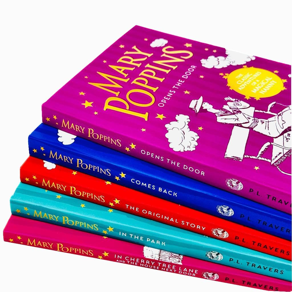 Close-up of the Mary Poppins Collection paperback set spines and covers by P. L. Travers, HarperCollins classic fiction.