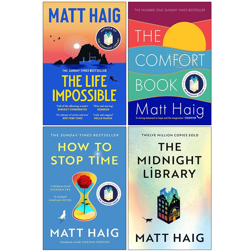 Matt Haig 4 Books Collection Set paperback front cover featuring The Midnight Library, How to Stop Time, The Comfort Book, and The Life Impossible