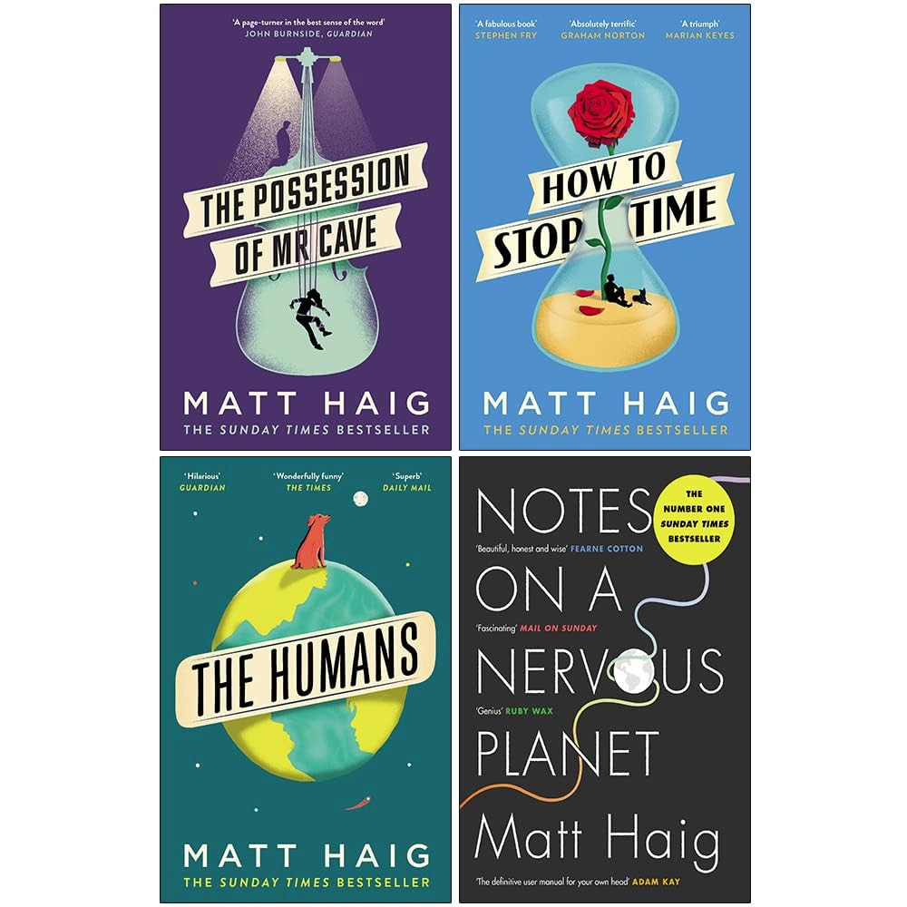 Matt Haig 4 Books Collection Set paperback front cover featuring How to Stop Time, The Humans, Notes on a Nervous Planet, and The Possession of Mr Cave