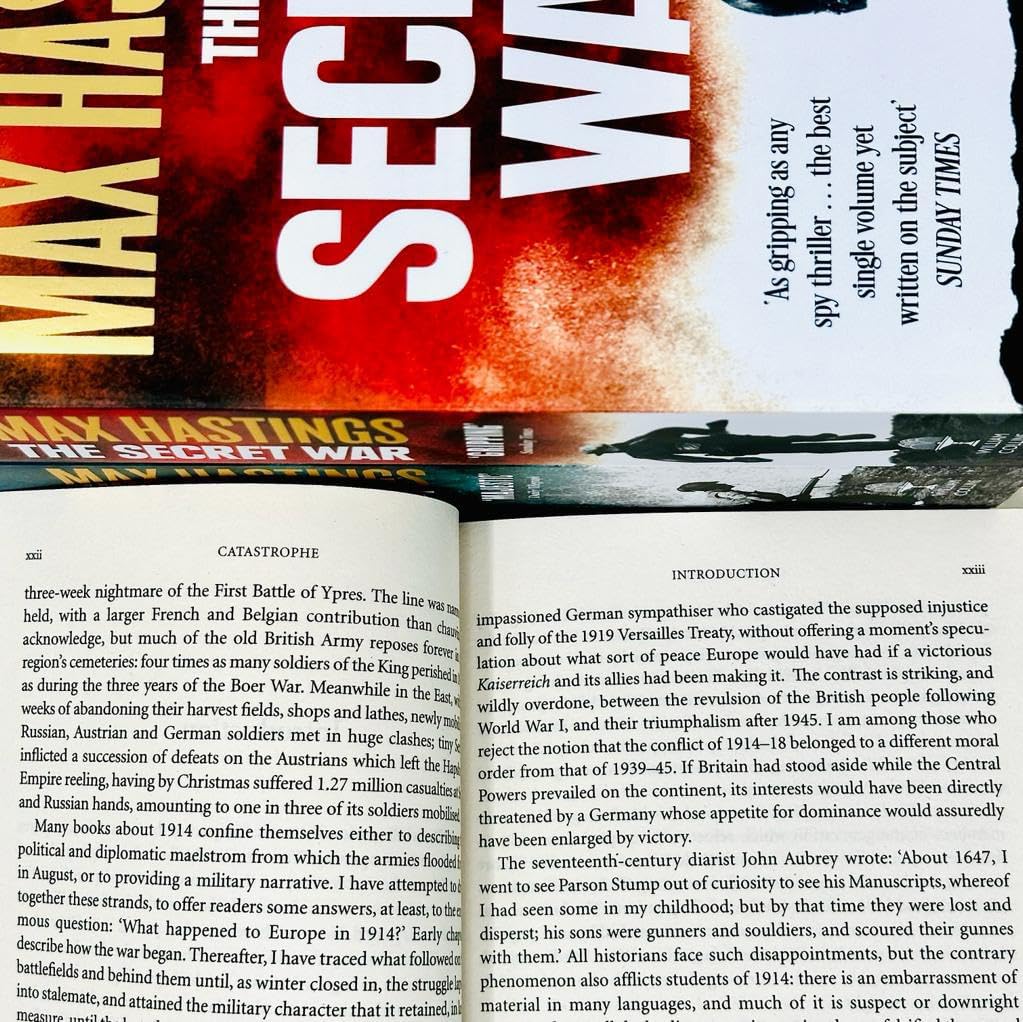 Full set of Max Hastings paperback books fanned out, displaying The Secret War, Nemesis, Catastrophe and All Hell Let Loose covers together