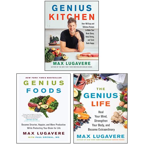 Front cover of the Max Lugavere 3 Books Collection Set featuring Genius Foods, The Genius Life, and Genius Kitchen hardback books on health and nutrition.