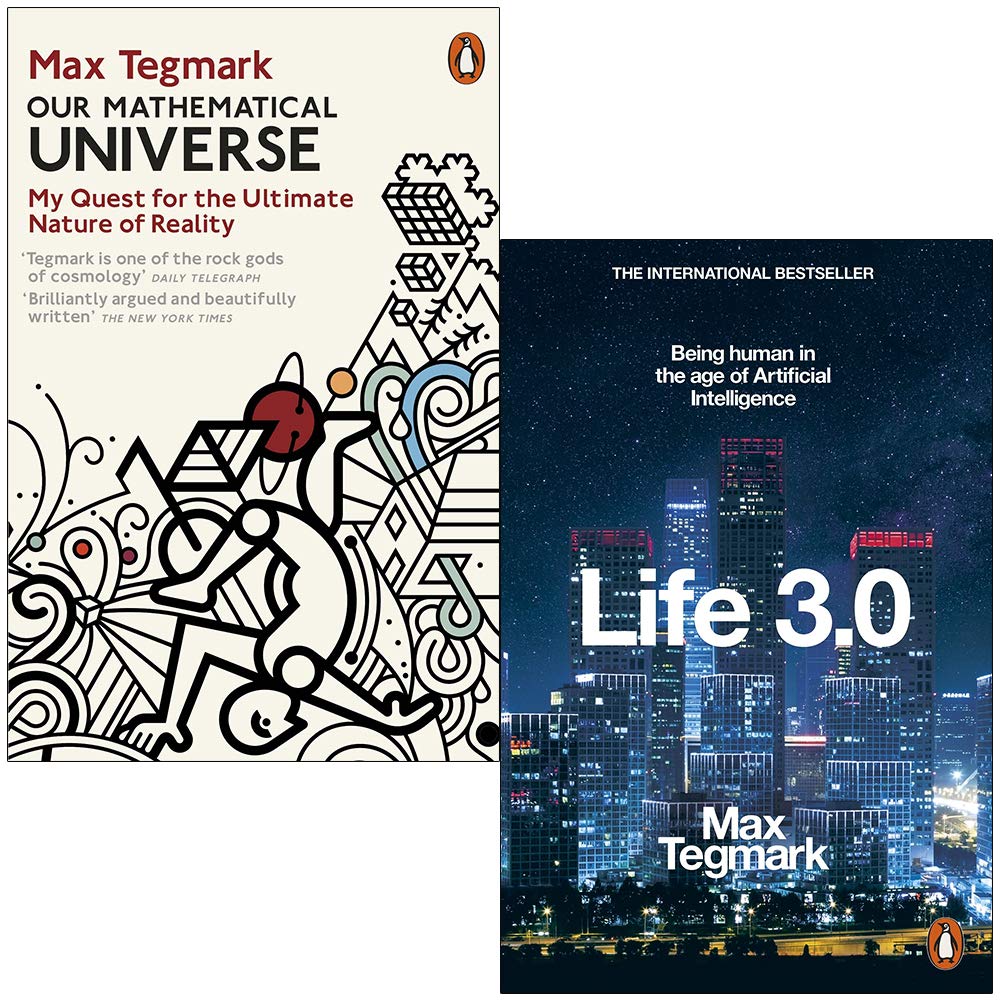 Max Tegmark 2 Books Collection Set paperback featuring Our Mathematical Universe and Life 3.0 displayed on a wooden surface