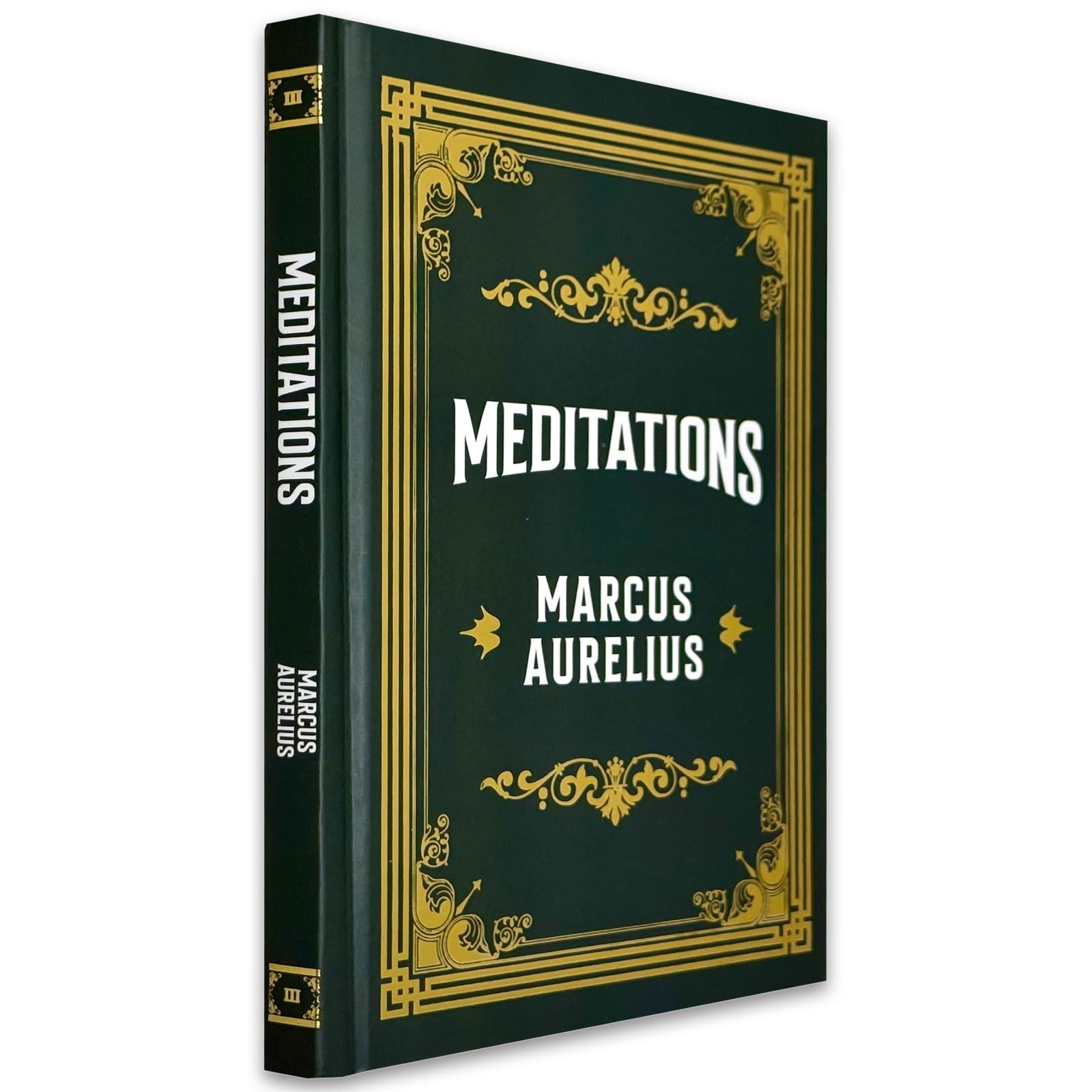 Back cover of Meditations by Marcus Aurelius hardcover edition showing synopsis and publisher details
