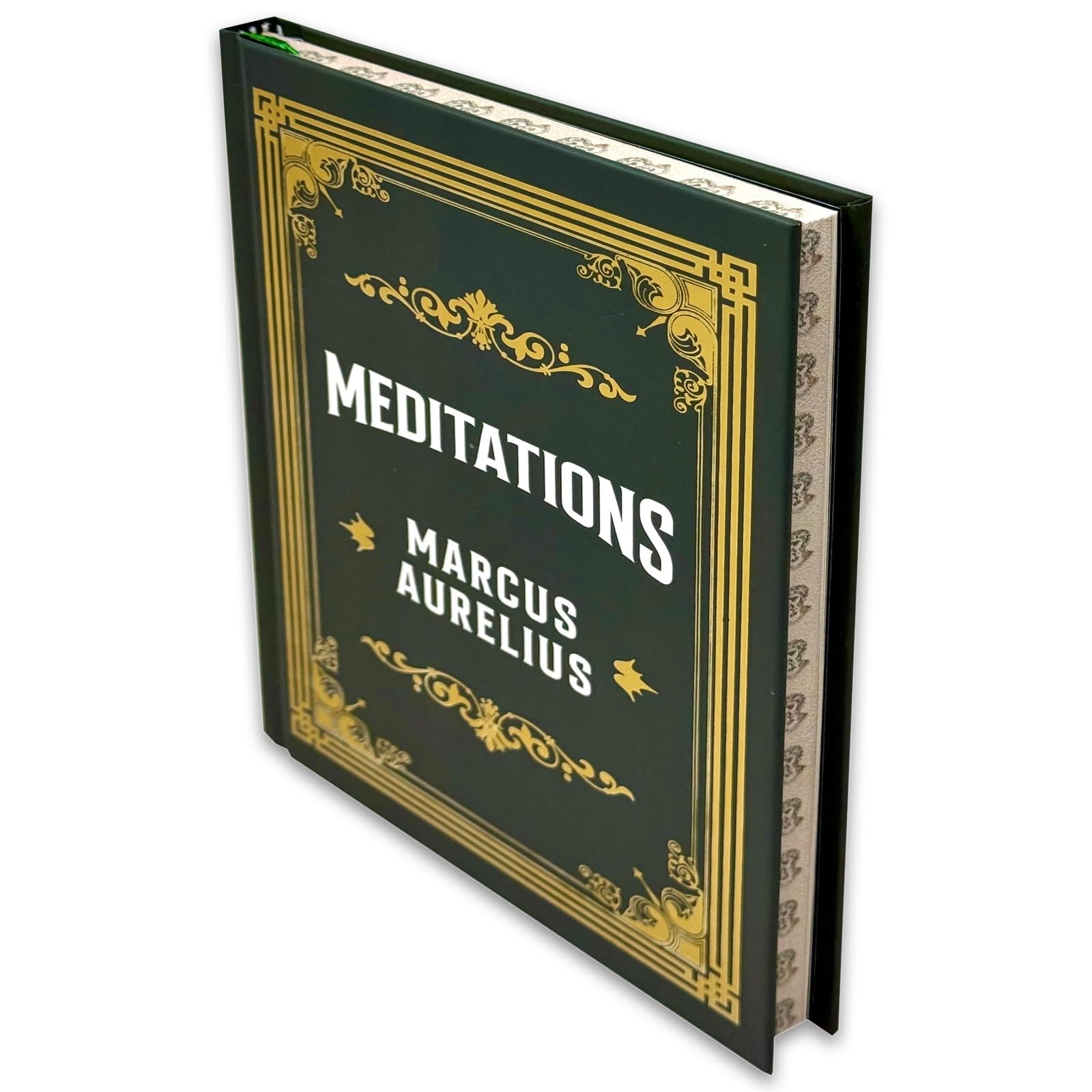 Side view of Meditations by Marcus Aurelius hardcover showing spine and decorative ribbon bookmark