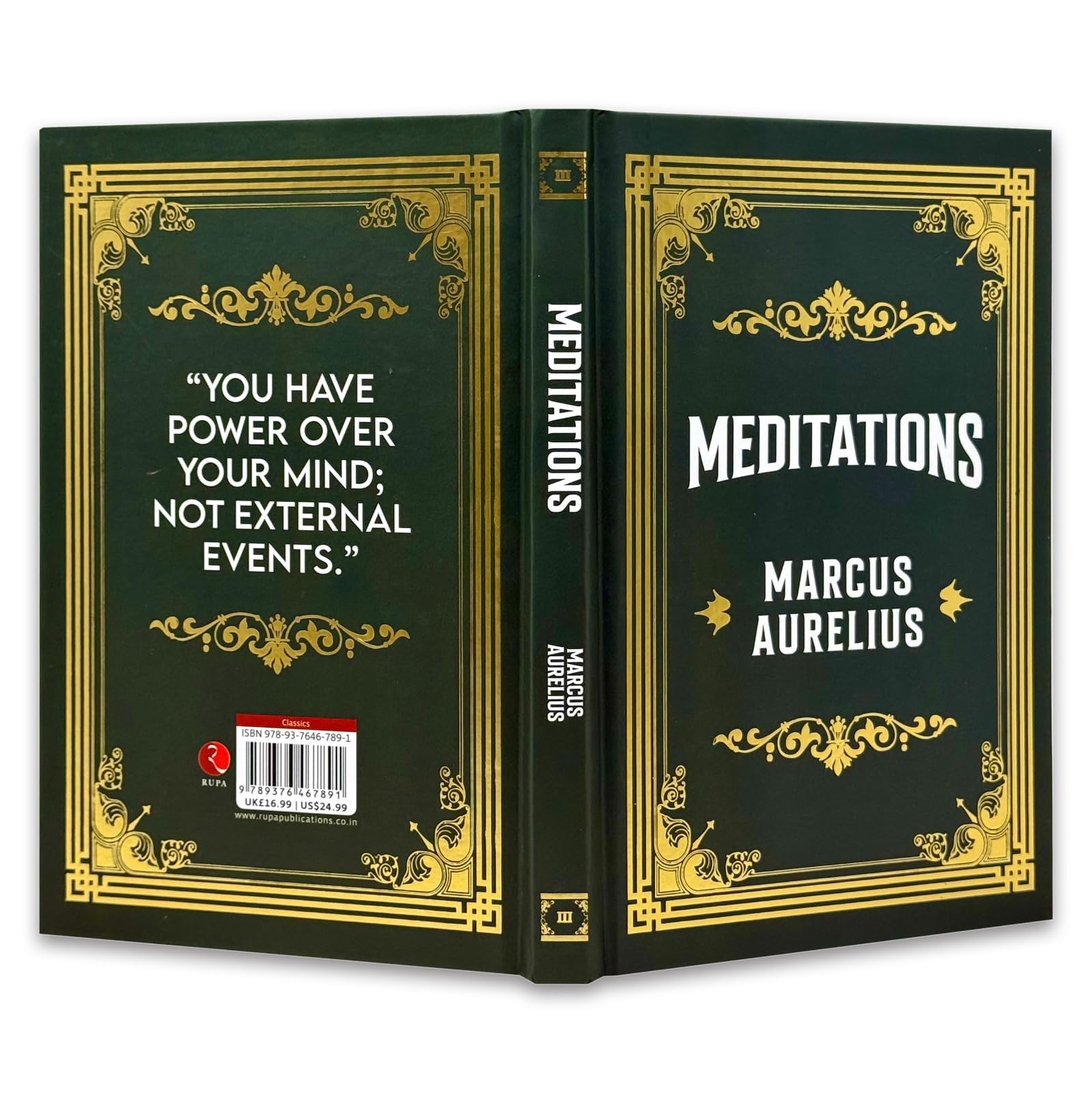 Open interior page spread of Meditations by Marcus Aurelius hardcover edition showing printed text