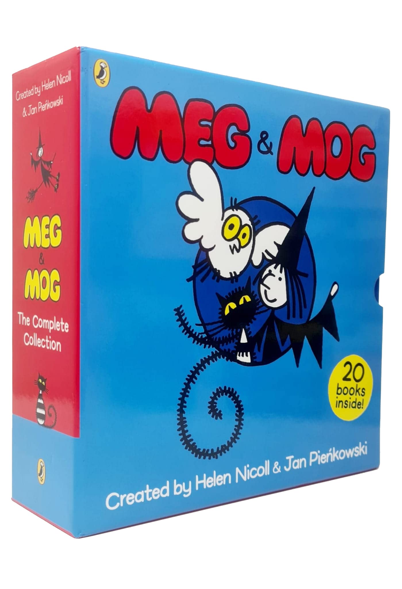 Meg and Mog collection box set opened to show all 20 paperback picture books stacked inside