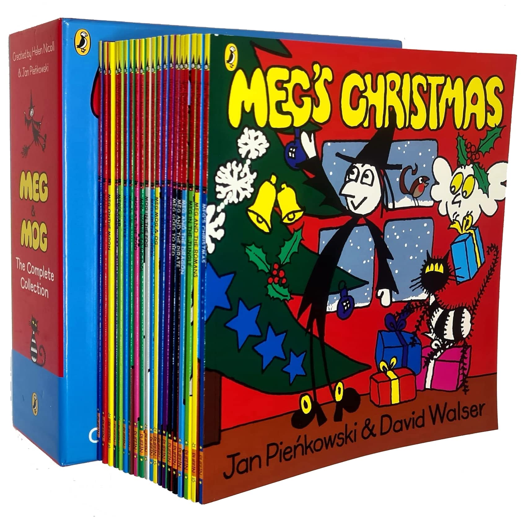 Close-up of Meg and Mog paperback covers highlighting Jan Pieńkowski's bold silhouette illustration style