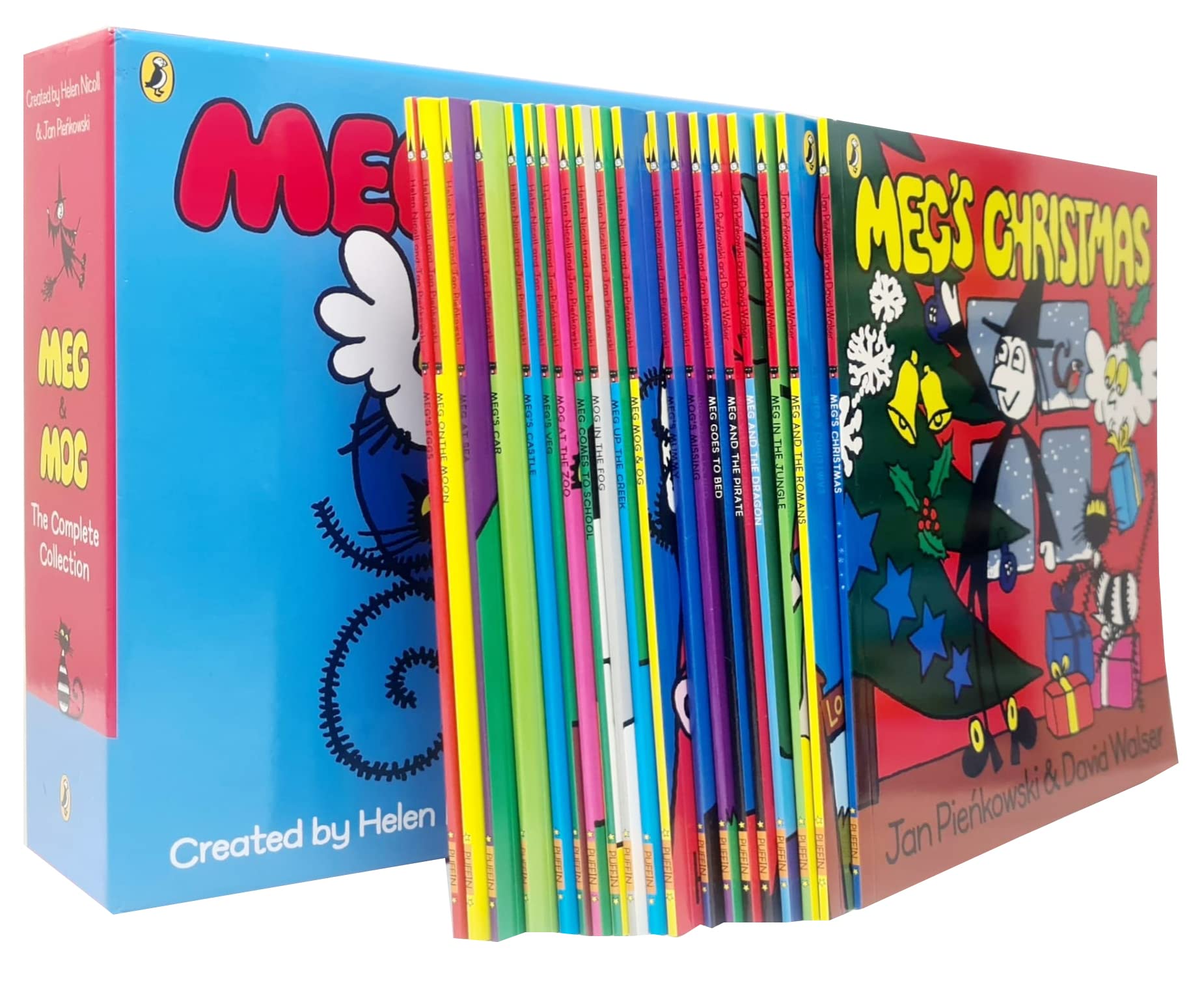 Inside page spread from a Meg and Mog paperback book showing Helen Nicoll's rhythmic text and artwork