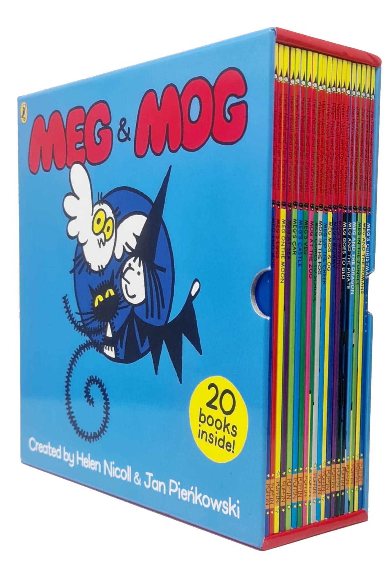 Meg and Mog 20 Books Collection Set box front cover showing Meg the witch and Mog the cat, paperback, ages 3-7