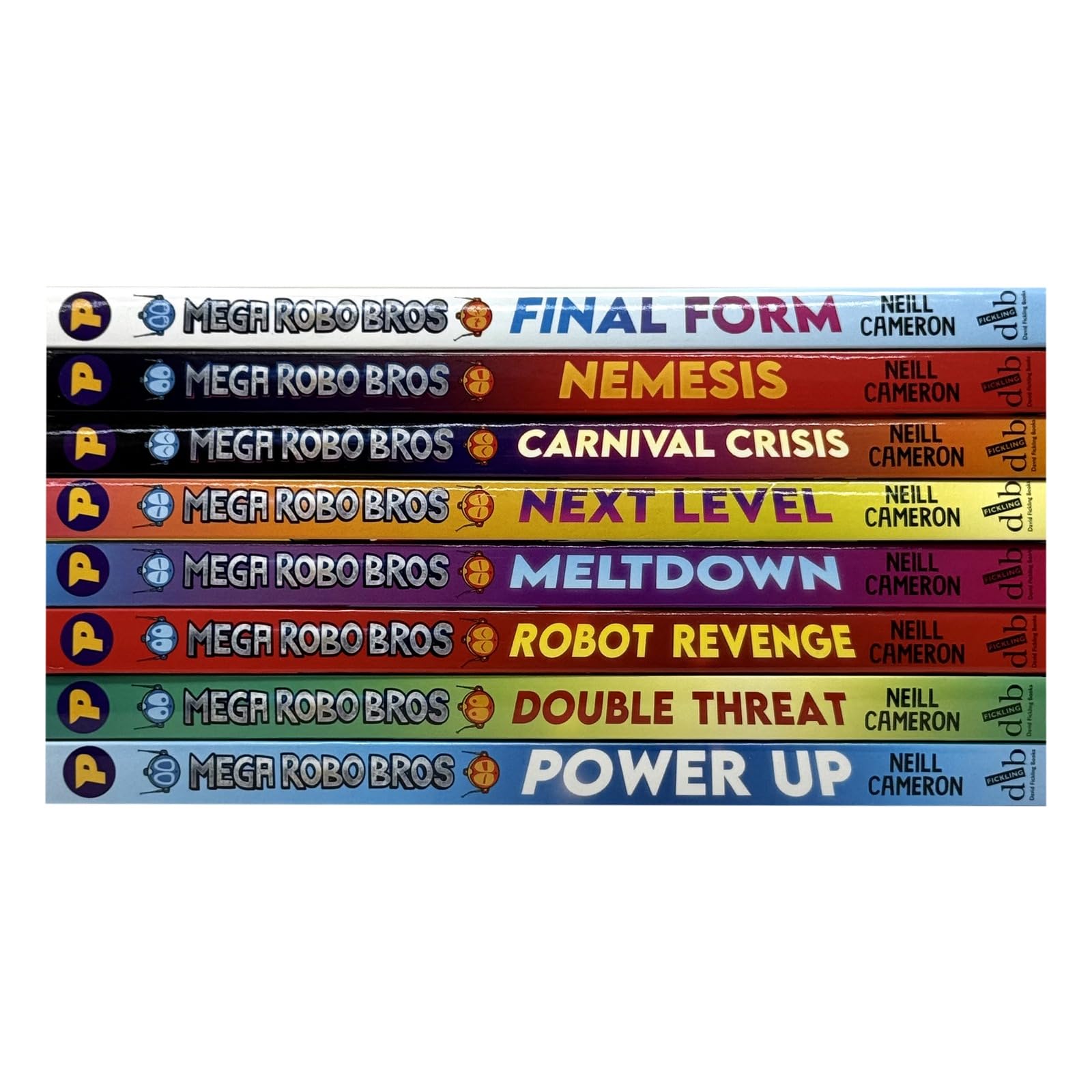 Full Mega Robo Bros 8-book set fanned out showing all paperback covers including Power Up, Meltdown and Final Form