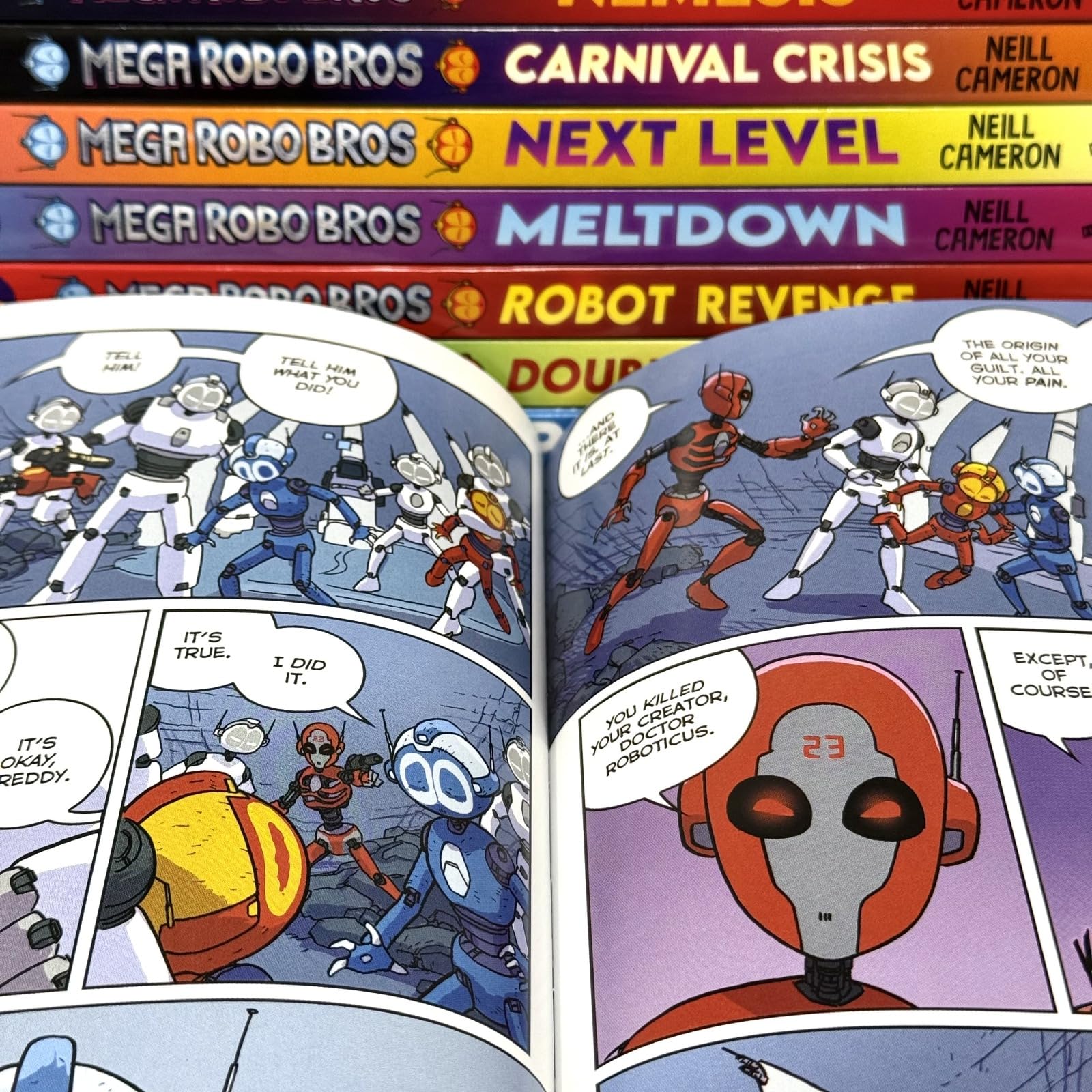 Close-up of Mega Robo Bros paperback spines showing the numbered 1-8 series set by Neill Cameron