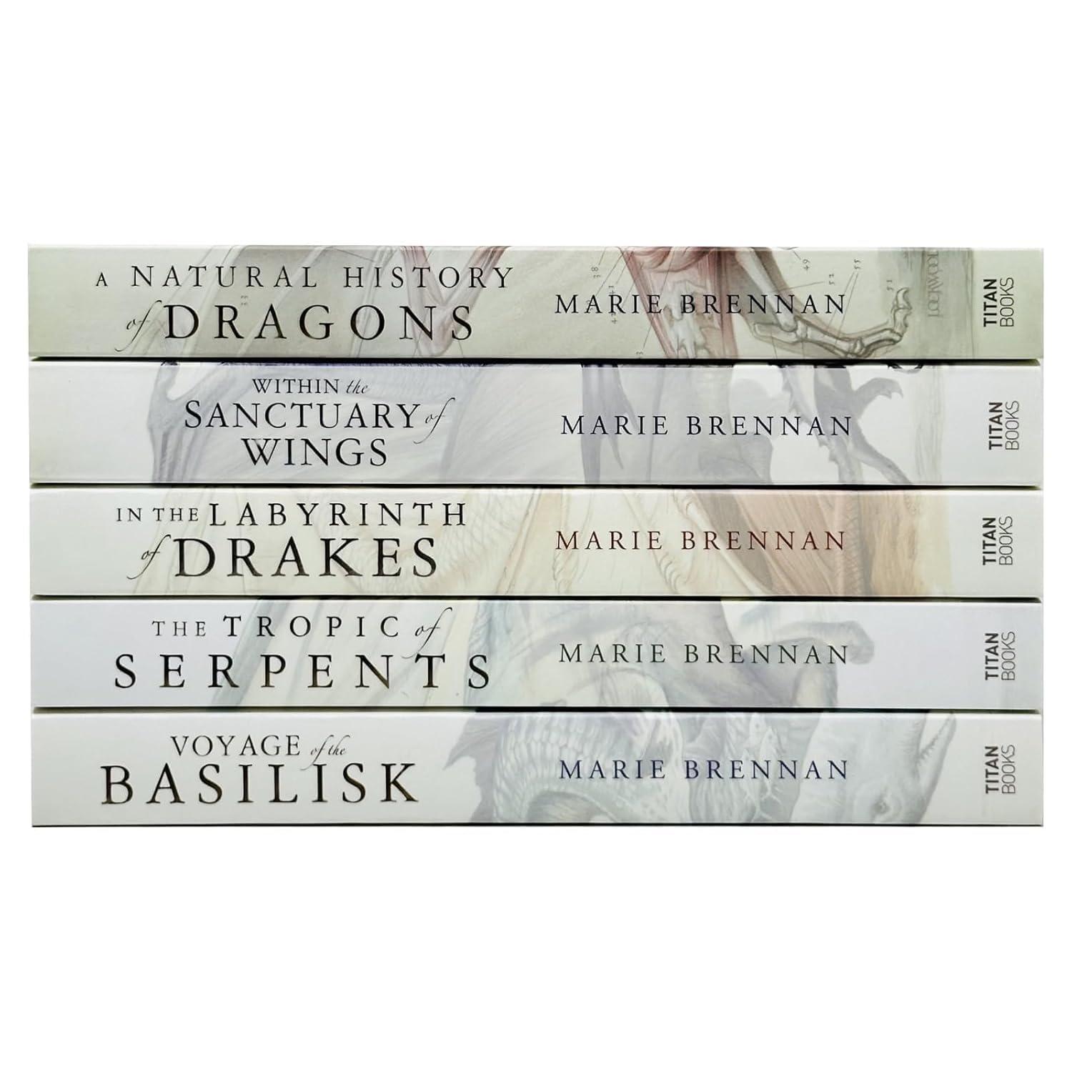 Full 5-book Memoirs of Lady Trent paperback set by Marie Brennan fanned out showing all five spines and covers