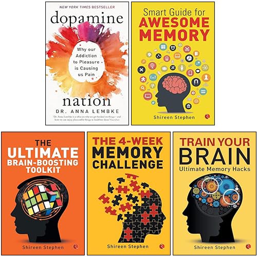 Front covers of the Memory 5 Books Collection Set paperback, featuring Dopamine Nation and The 4-Week Memory Challenge by various authors.