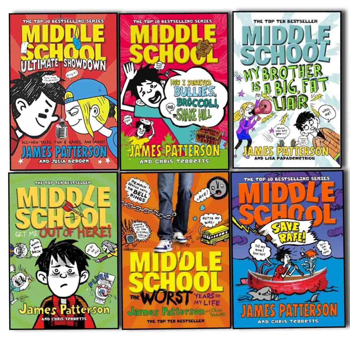 All 7 paperback titles in the Middle School by James Patterson collection set fanned out together