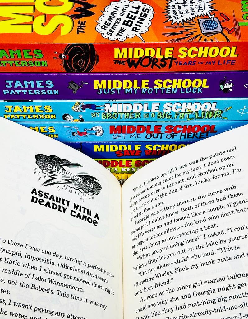 Stacked view of the Middle School 8-book paperback collection highlighting Rafe Khatchadorian cover art