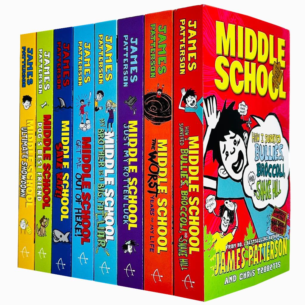 Front cover display of the Middle School by James Patterson 8 books collection set, paperback, ages 9-12