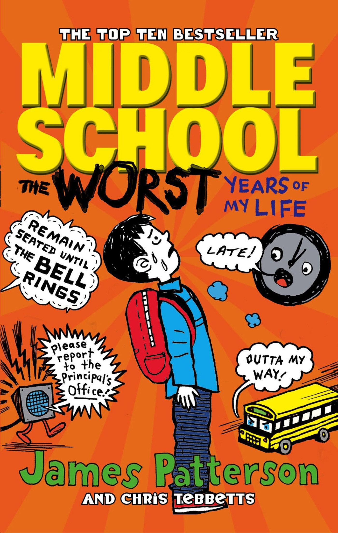 All eight Middle School paperback books by James Patterson fanned out showing colorful cover artwork