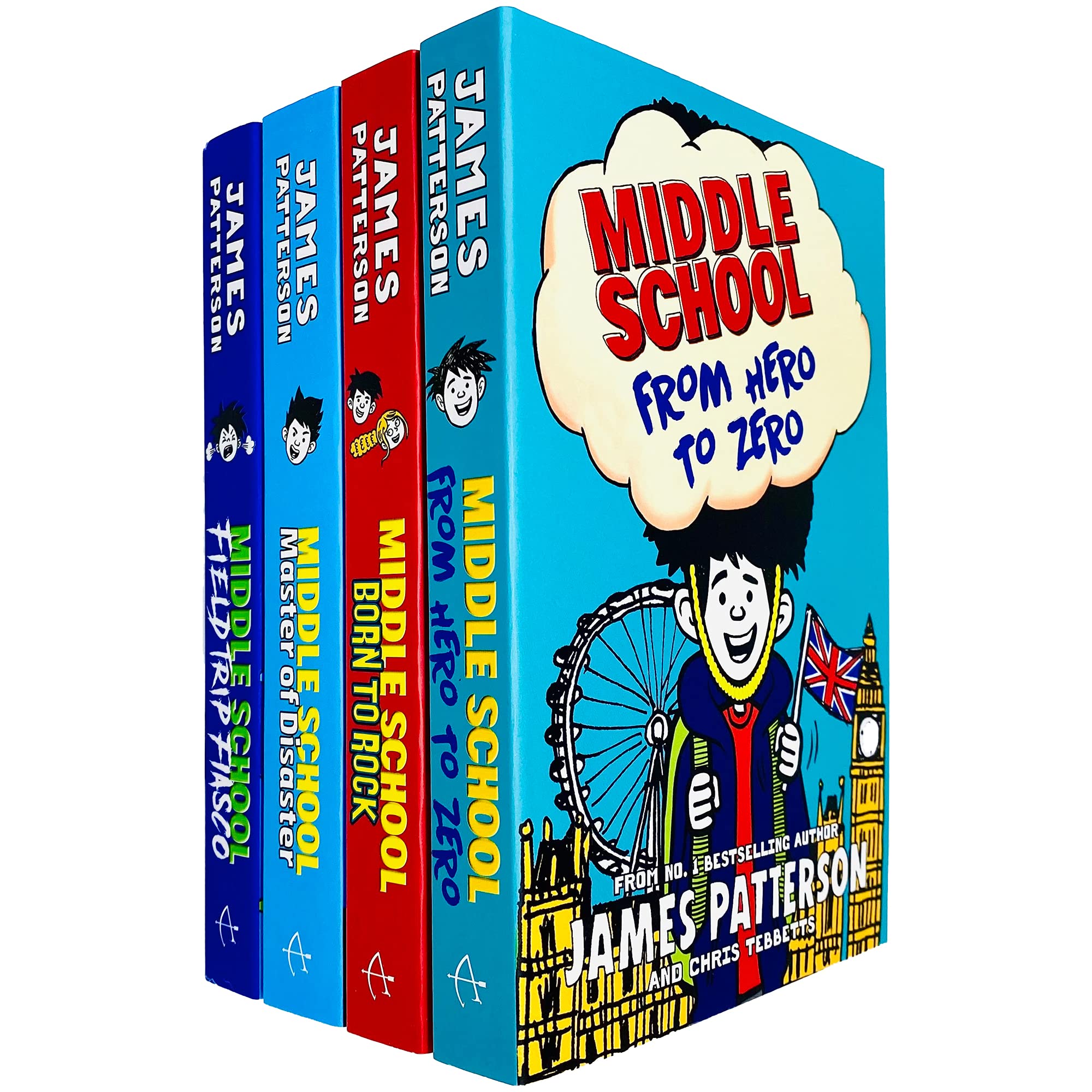 Angled view of the four Middle School paperback books by James Patterson fanned out, showing spine and cover artwork for books 10-13.