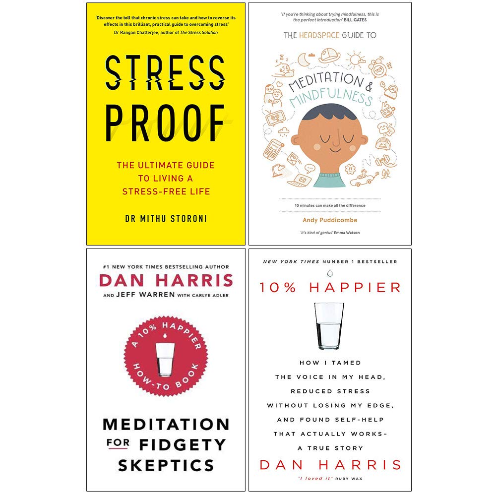 Front cover of Mindfulness and Meditation Collection 4-book paperback set featuring Stress-Proof, Headspace Guide, Meditation for Fidgety Skeptics, and 10% Happier