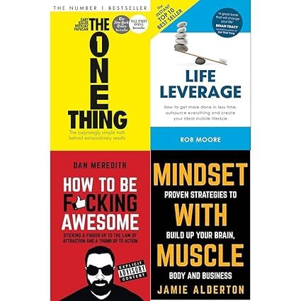 Mindset & Muscle Collection 4 paperback books front covers - The One Thing, Life Leverage, How To Be Fucking Awesome, Mindset With Muscle