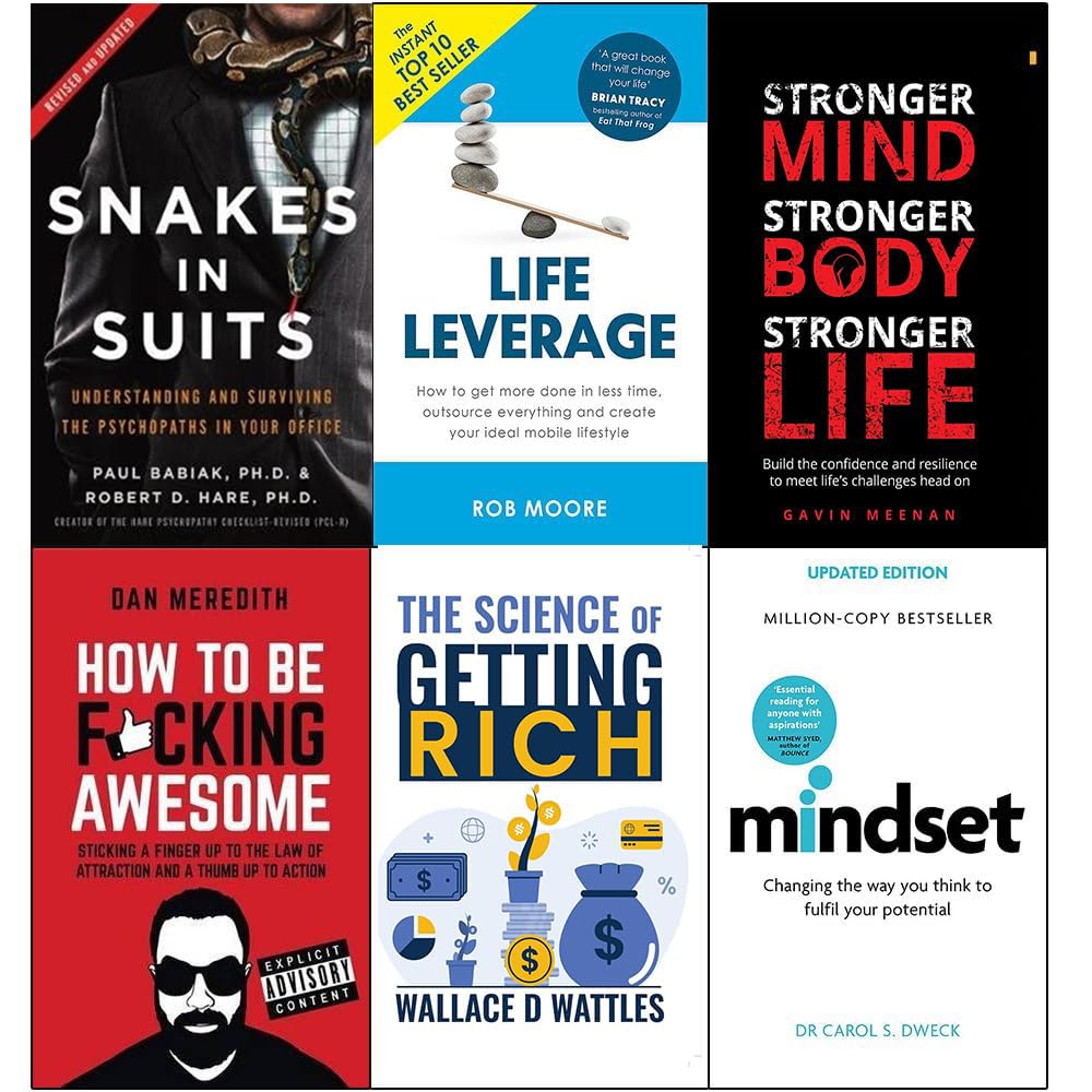 Front cover of the Mindset & Success 6 Books Collection Set in paperback, featuring titles by Carol Dweck, Rob Moore, Paul Babiak and more
