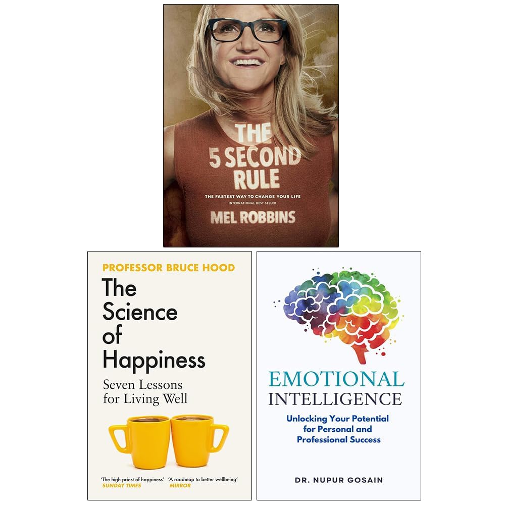 Mindset Trio 3-book paperback set front covers arranged together — The 5 Second Rule, The Science of Happiness, and Emotional Intelligence