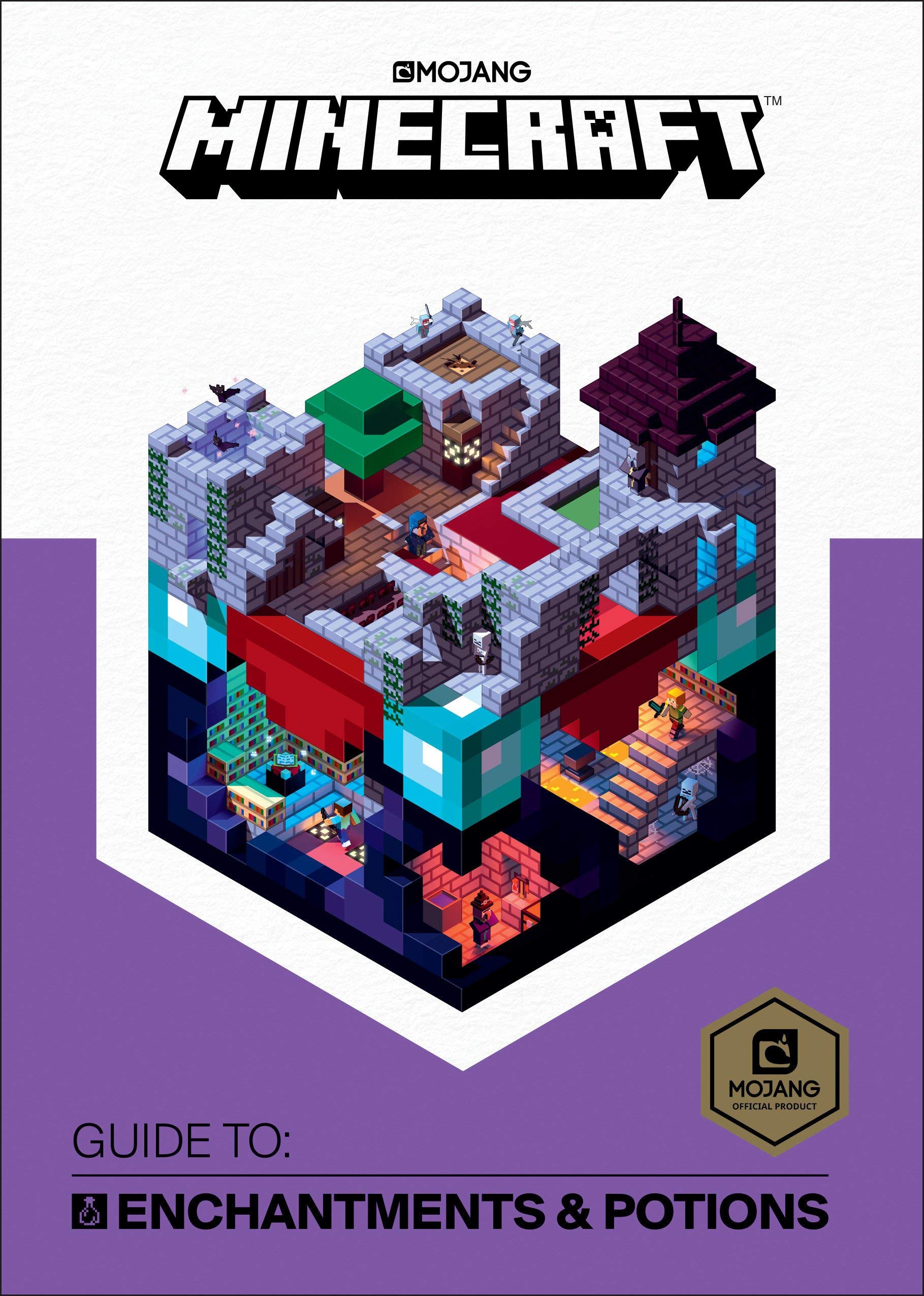 Inside page spread from a Minecraft guide book showing full-color screenshots and tips