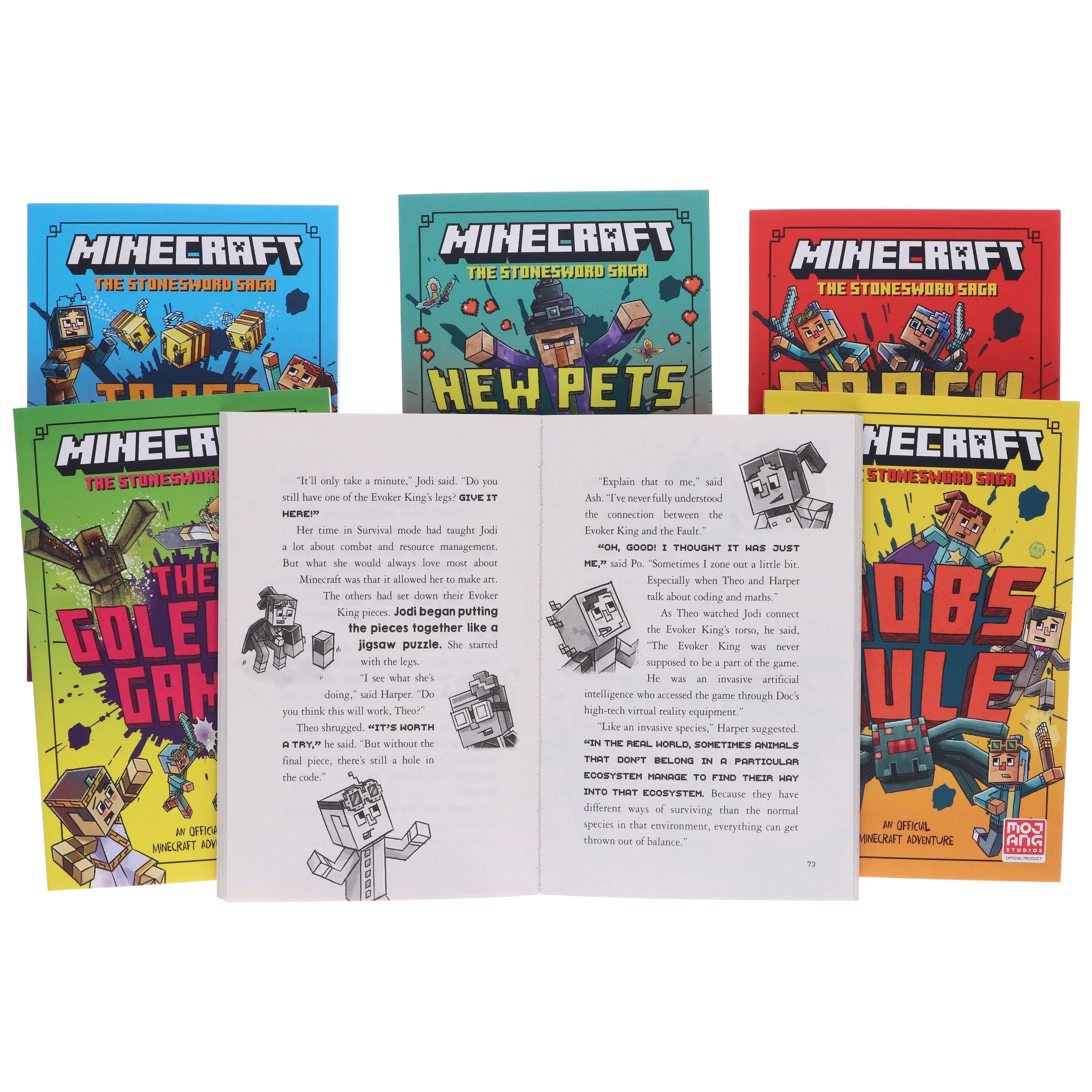 Side view of the Minecraft Stonesword Saga box set spine showing all six paperback book spines