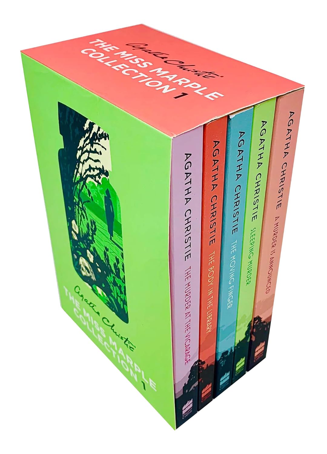Angled view of all five Miss Marple paperback mystery novels by Agatha Christie standing together in the collection set.