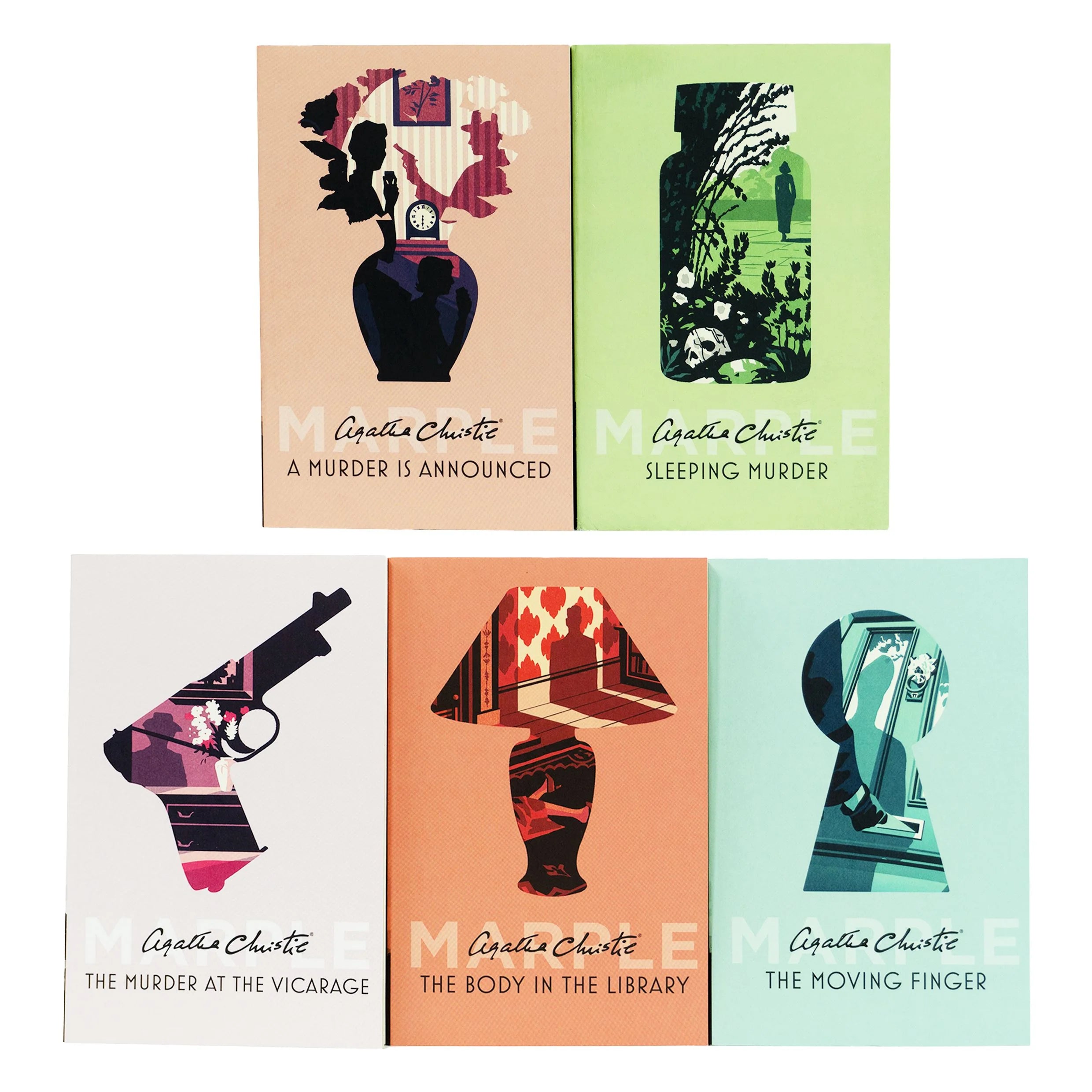 Close-up of the front covers of the five Miss Marple paperback novels fanned out, showing individual book titles in the set.